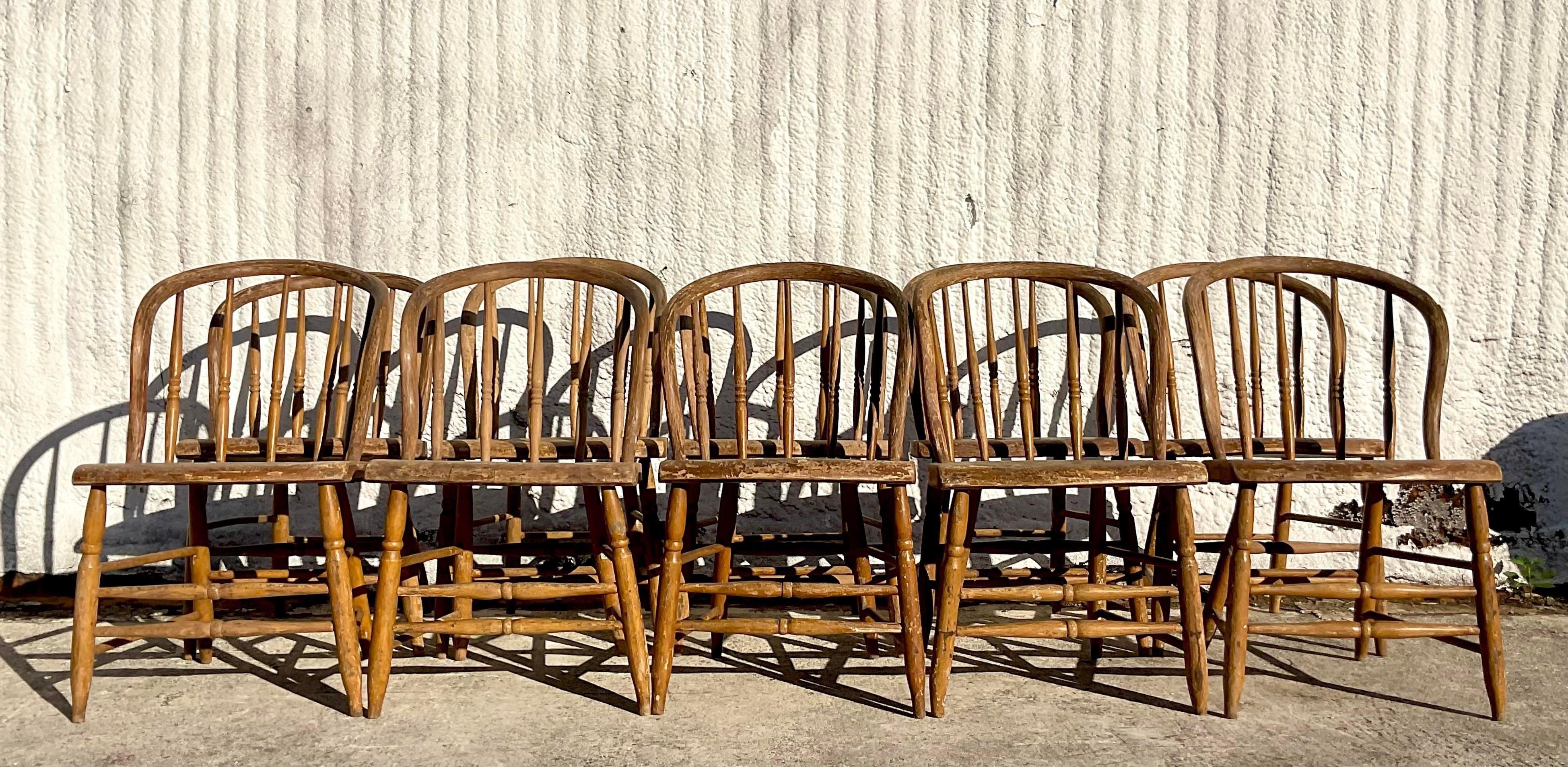Vintage Boho Late 19th Century Windsor Style Farm House Dining Chairs - Set of10 For Sale 7