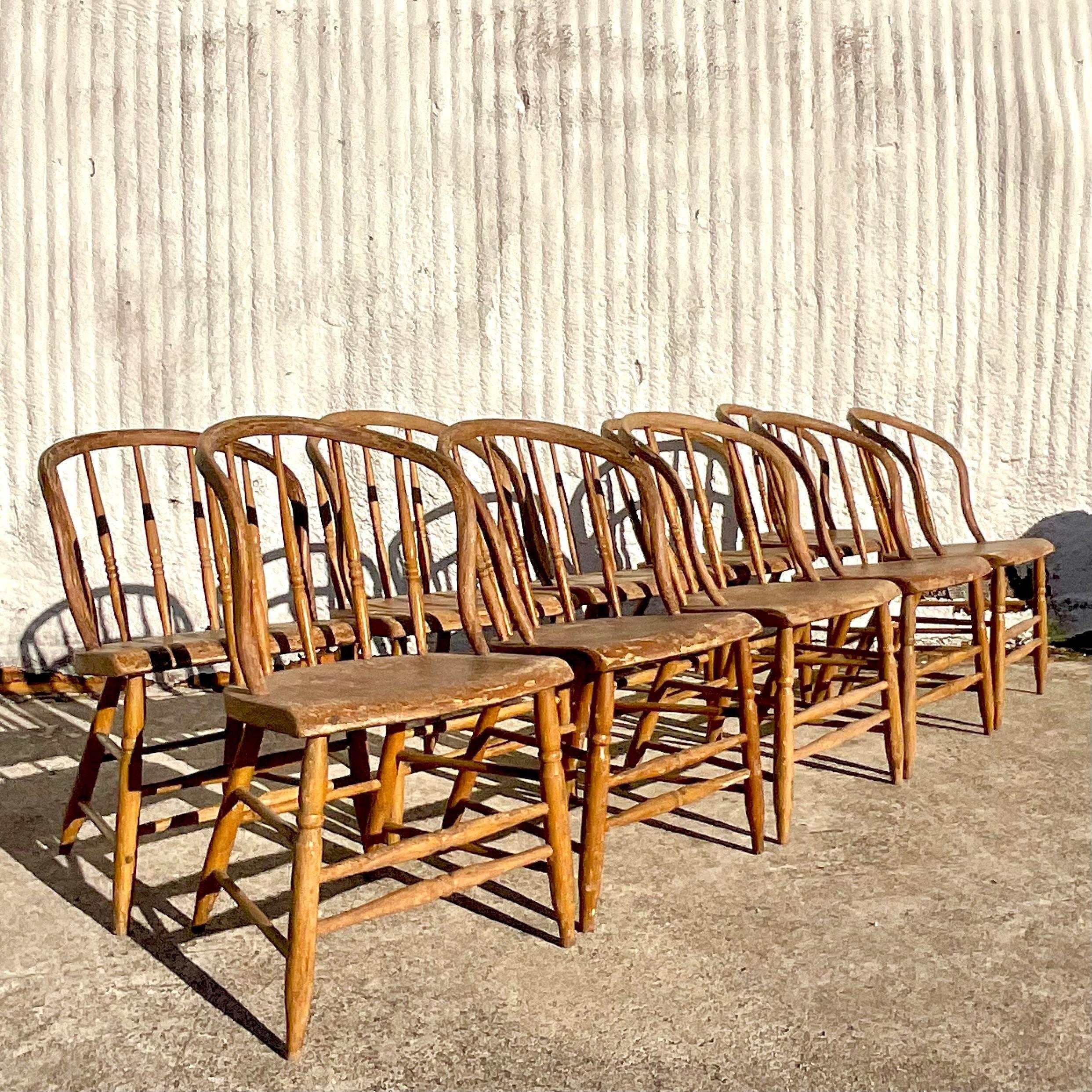 American Vintage Boho Late 19th Century Windsor Style Farm House Dining Chairs - Set of10 For Sale