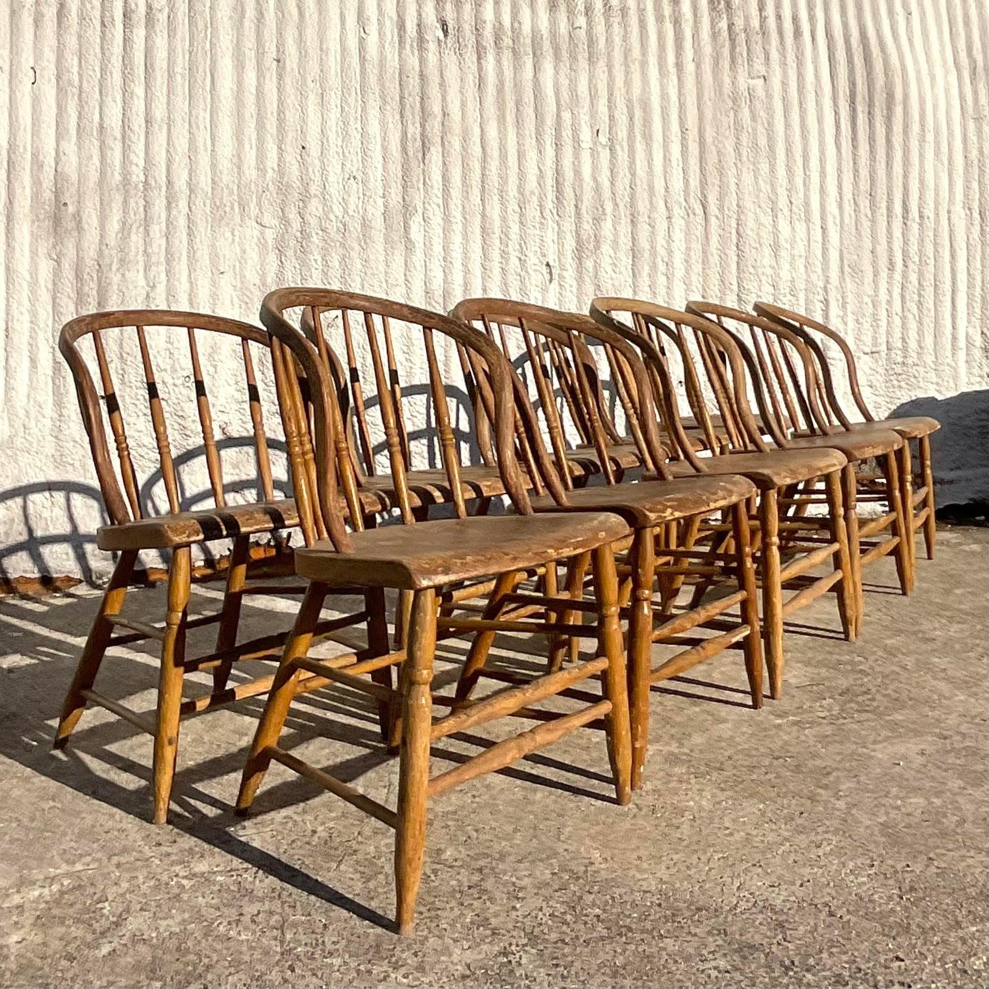 Vintage Boho Late 19th Century Windsor Style Farm House Dining Chairs - Set of10 In Good Condition For Sale In west palm beach, FL