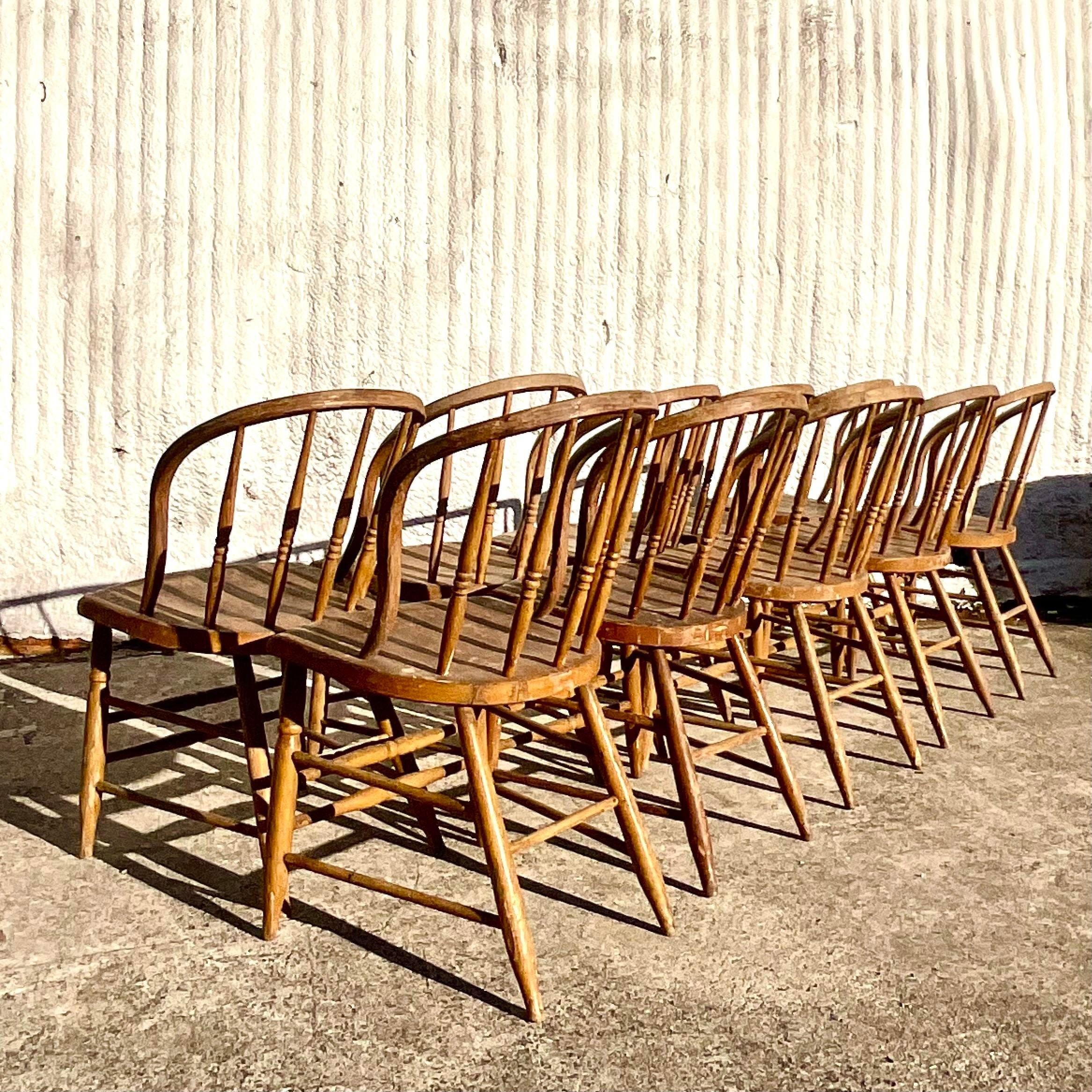 Wood Vintage Boho Late 19th Century Windsor Style Farm House Dining Chairs - Set of10 For Sale