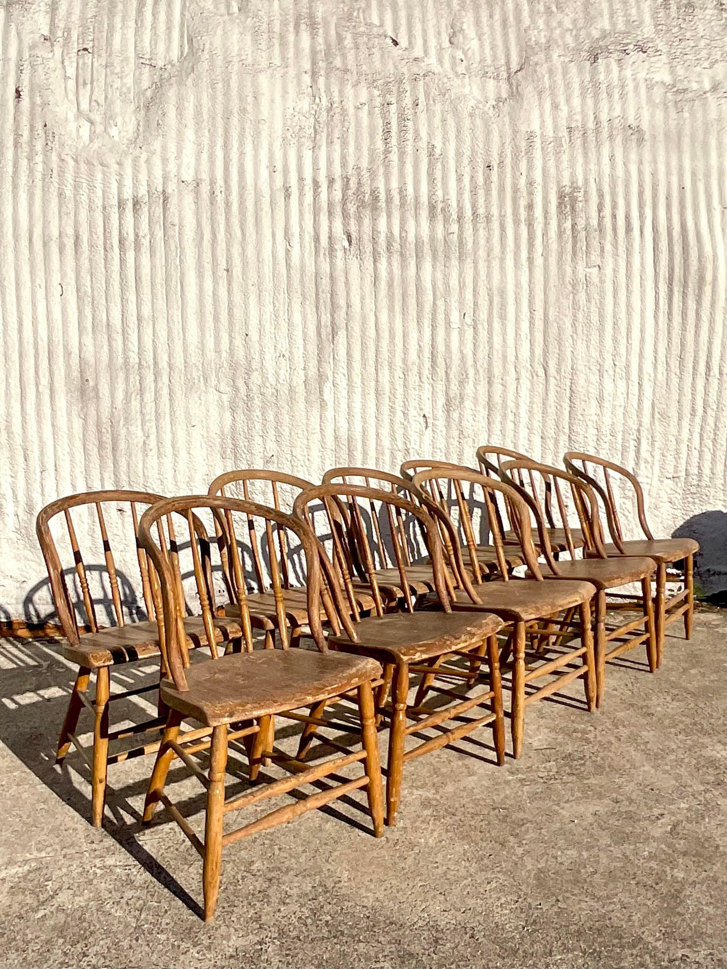 Vintage Boho Late 19th Century Windsor Style Farm House Dining Chairs - Set of10 For Sale 2