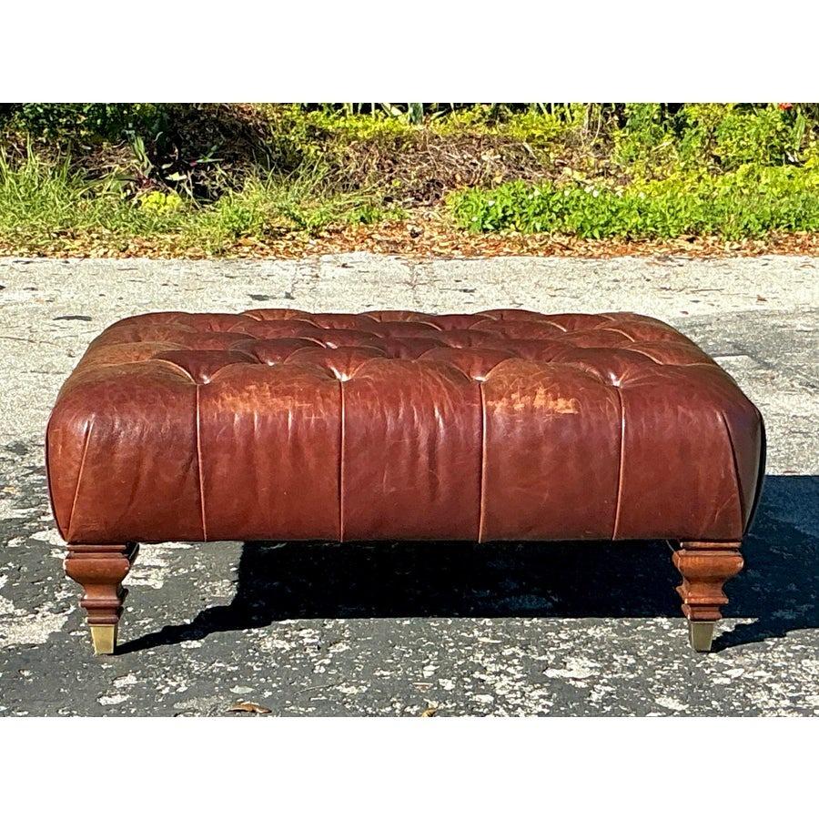 Chinese Vintage Boho Lauren Ralph Lauren Tufted Leather Ottoman