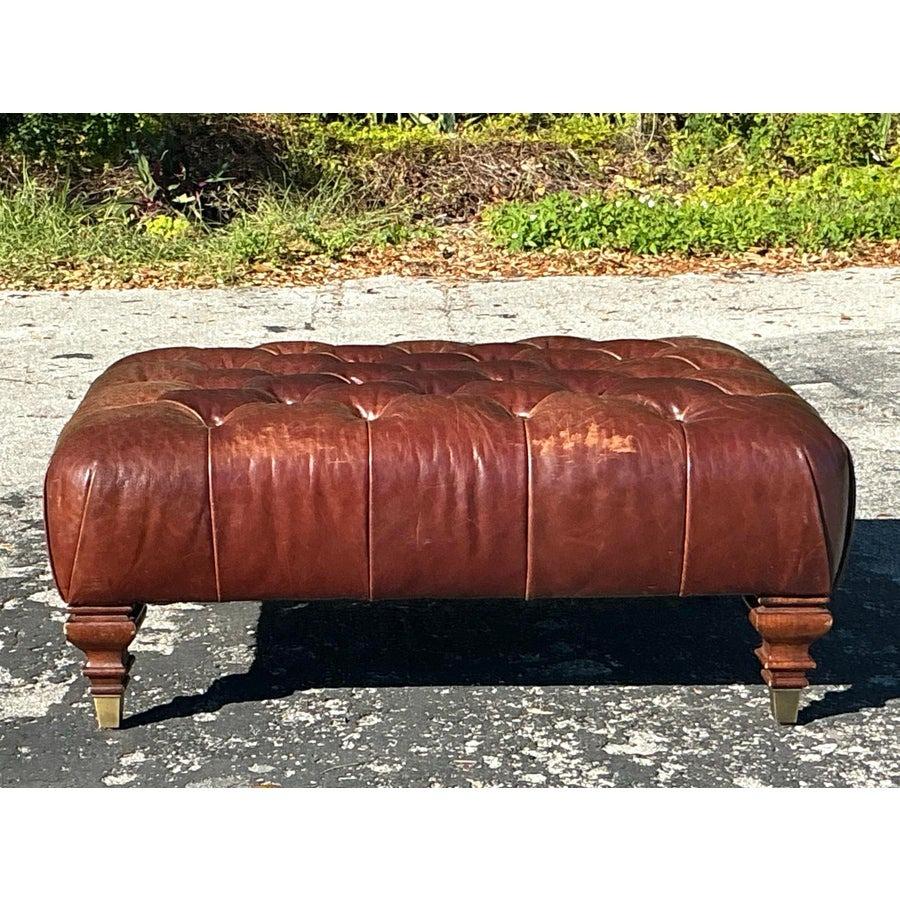 Vintage Boho Lauren Ralph Lauren Tufted Leather Ottoman In Good Condition In West Palm Beach, FL