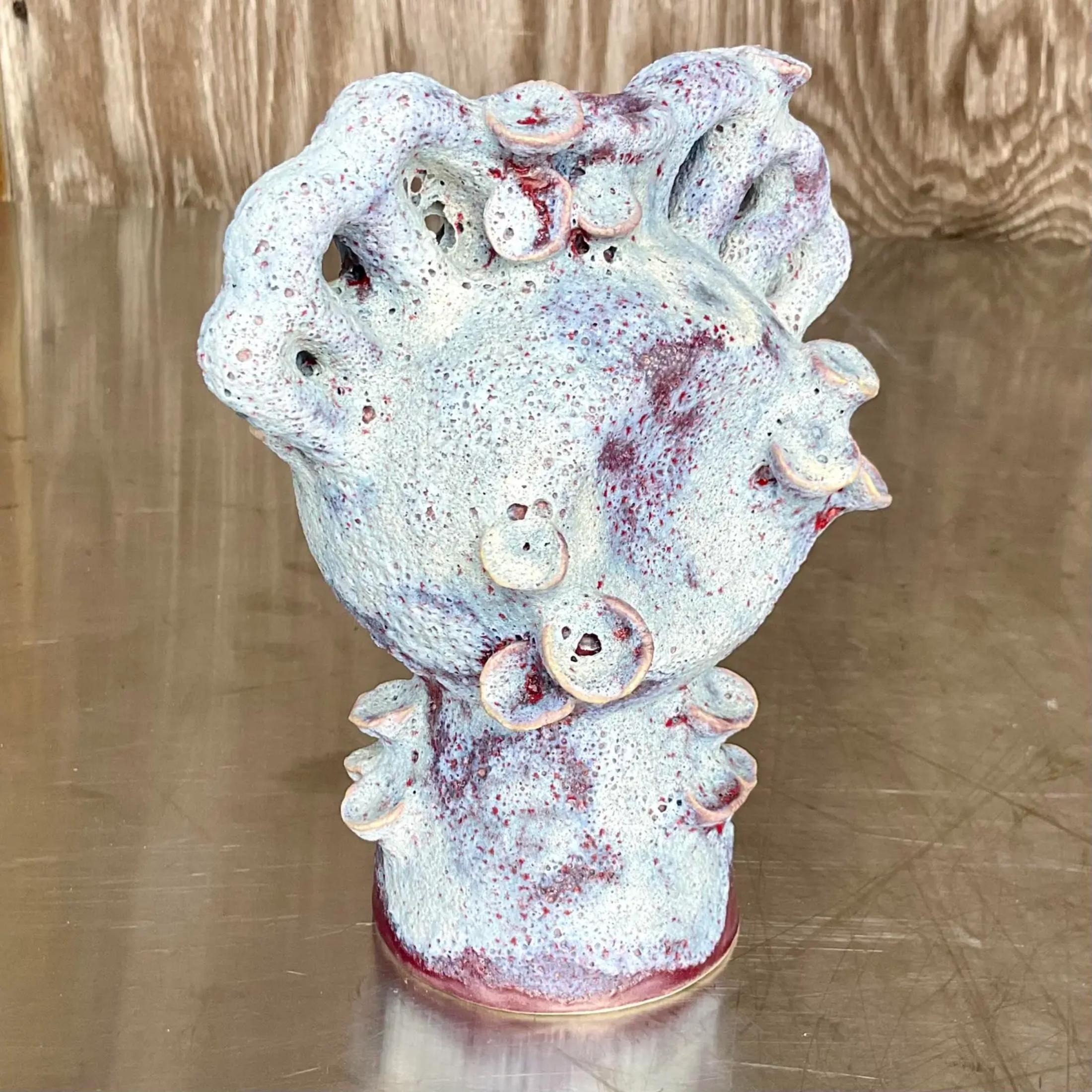 Fantastic vintage Boho Lave glazed sculpture. Hand crafted studio pottery in an abstract design. Gorgeous display of color peeking from below the glaze. Acquired from a Palm Beach estate