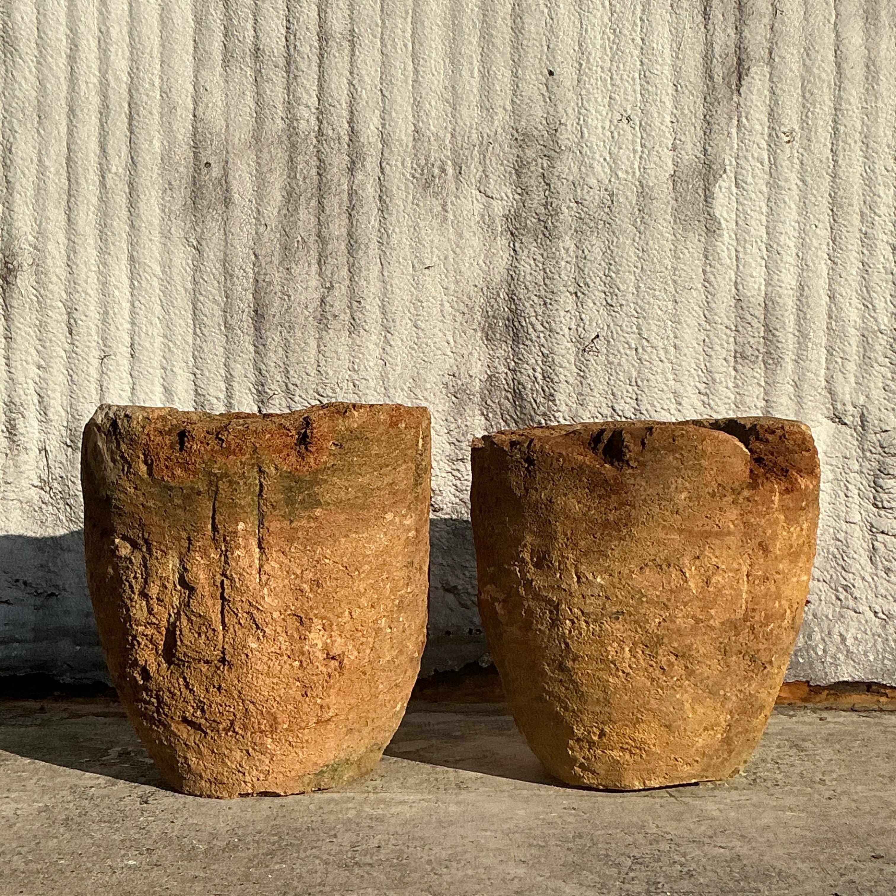 Rustic Vintage Boho Lava Rock Planters - a Pair For Sale