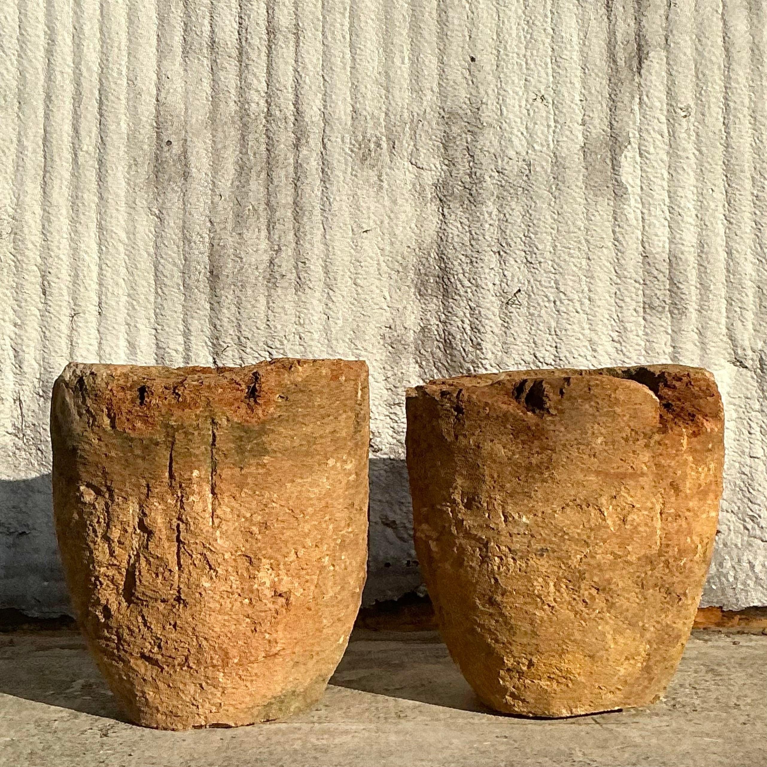 Philippine Vintage Boho Lava Rock Planters - a Pair For Sale