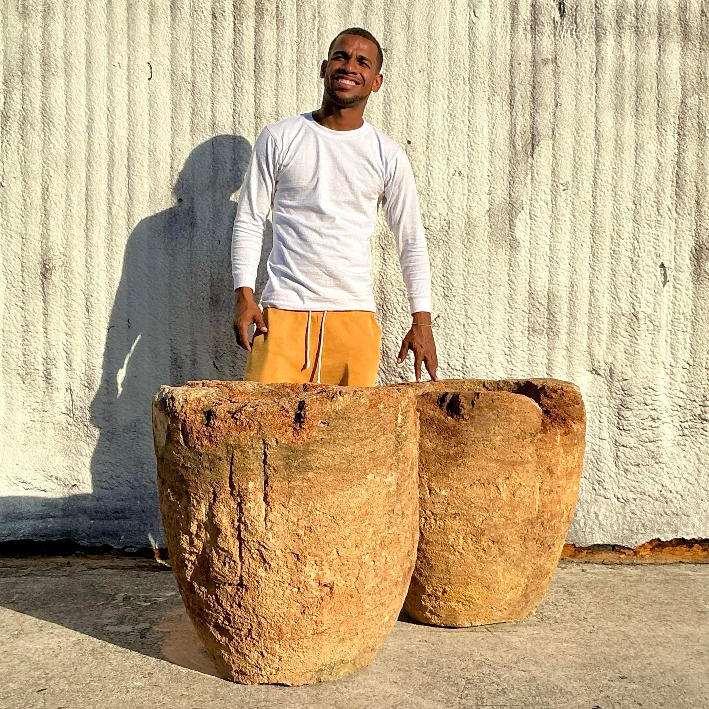 Vintage Boho Lava Rock Planters - a Pair In Good Condition For Sale In West Palm Beach, FL