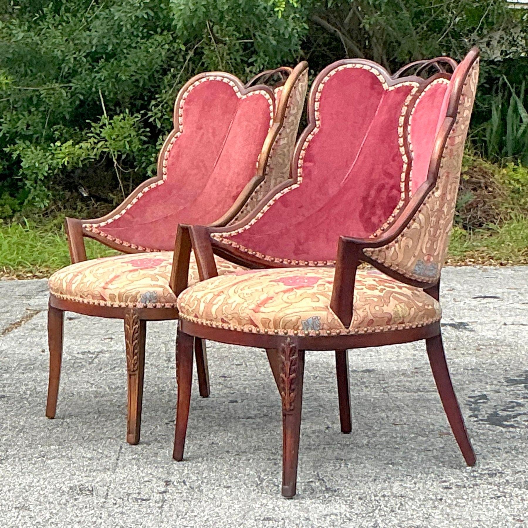 Tissu d'ameublement Paire de chaises Boho à feuilles d'après Grosfeld House en vente