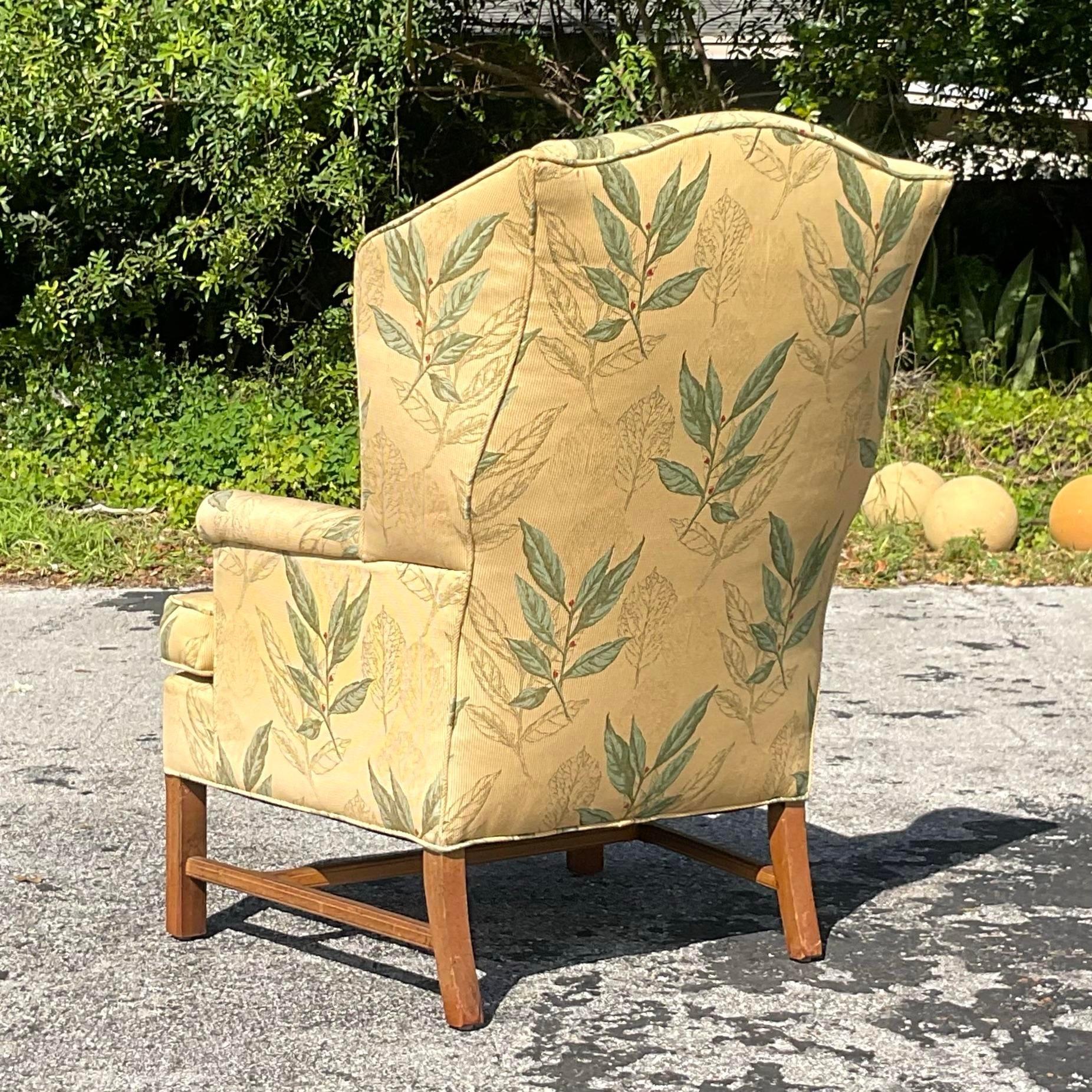 American Vintage Boho Leaf Printed Wingback Chair For Sale