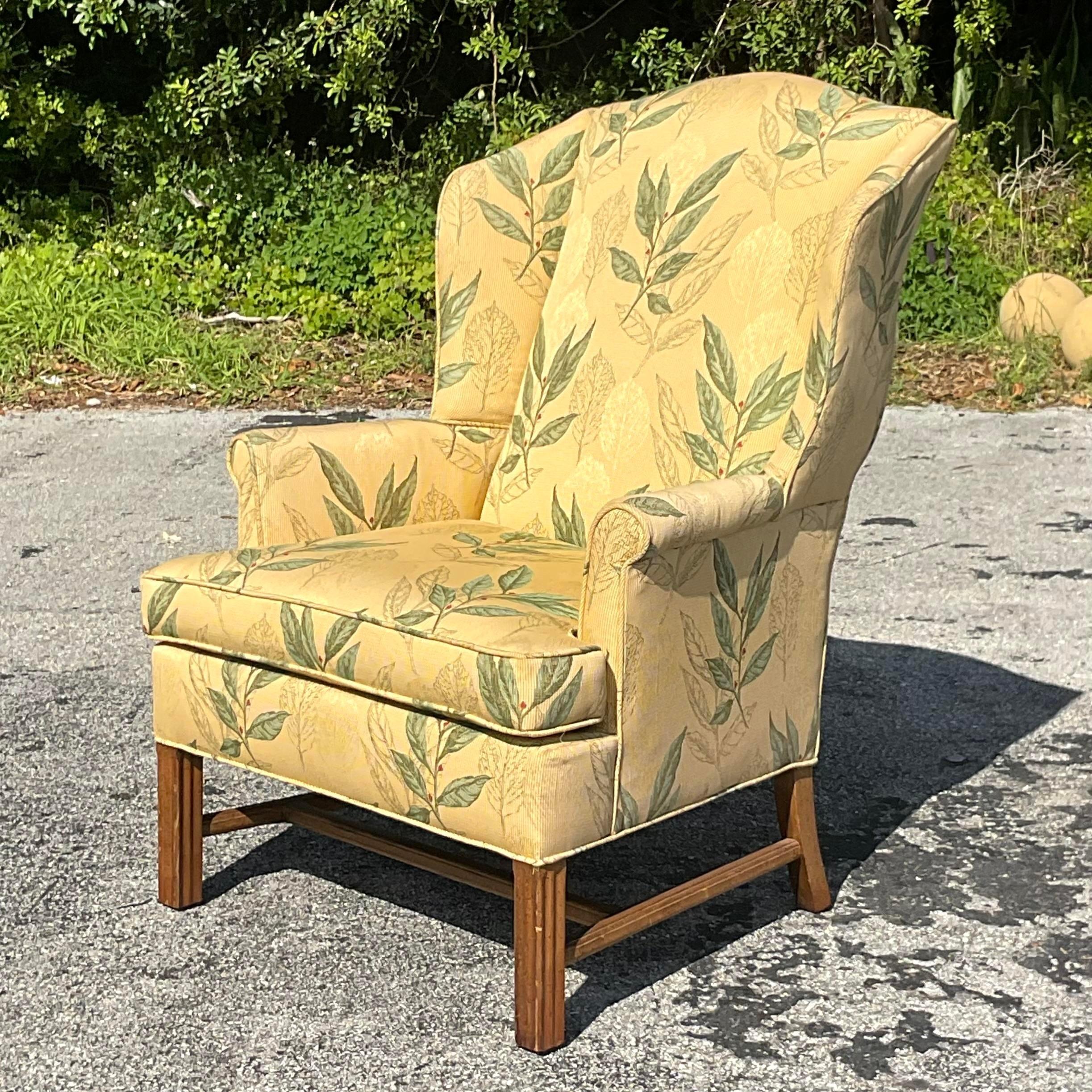 Vintage Boho Leaf Printed Wingback Chair In Good Condition For Sale In west palm beach, FL