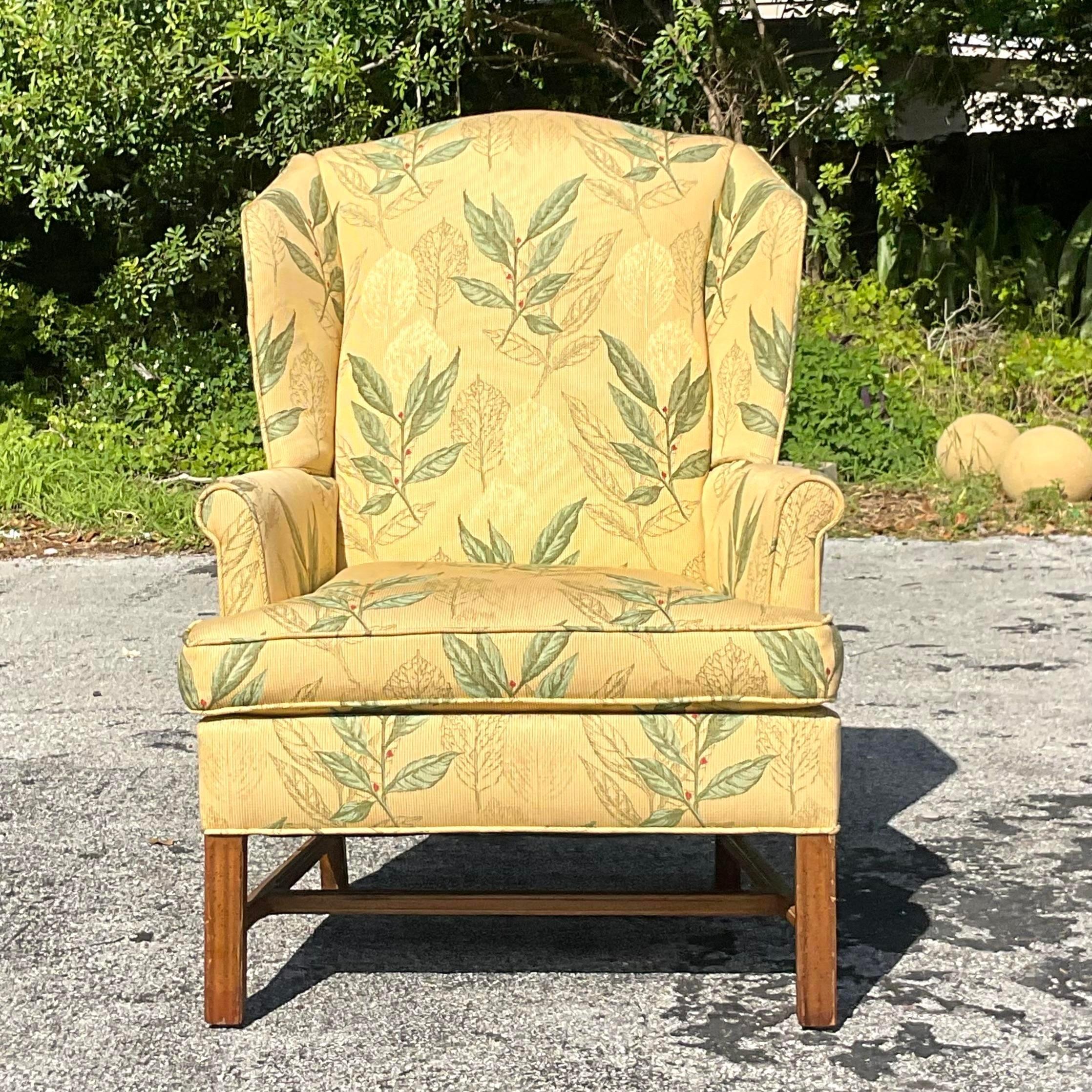20th Century Vintage Boho Leaf Printed Wingback Chair For Sale