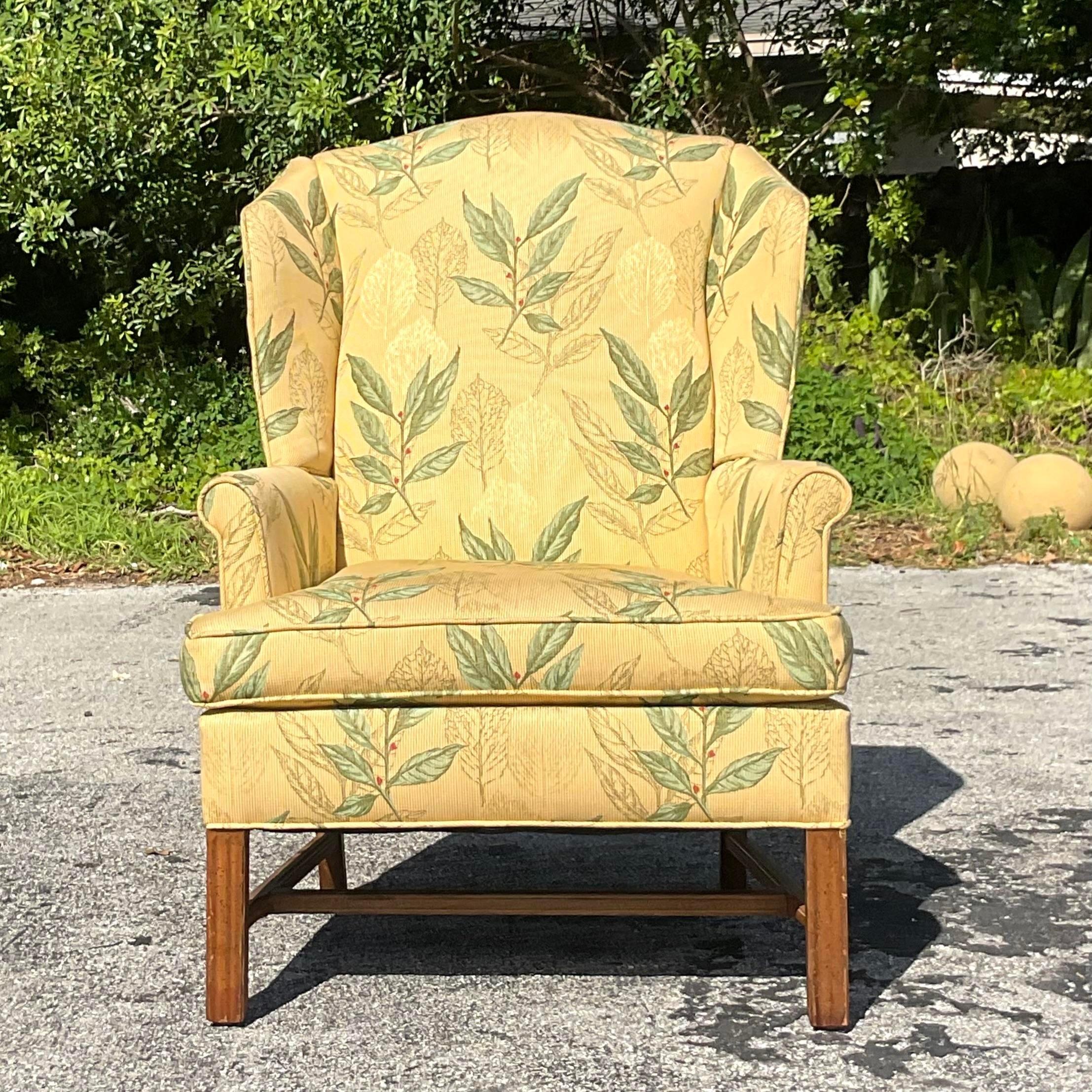 Upholstery Vintage Boho Leaf Printed Wingback Chair For Sale