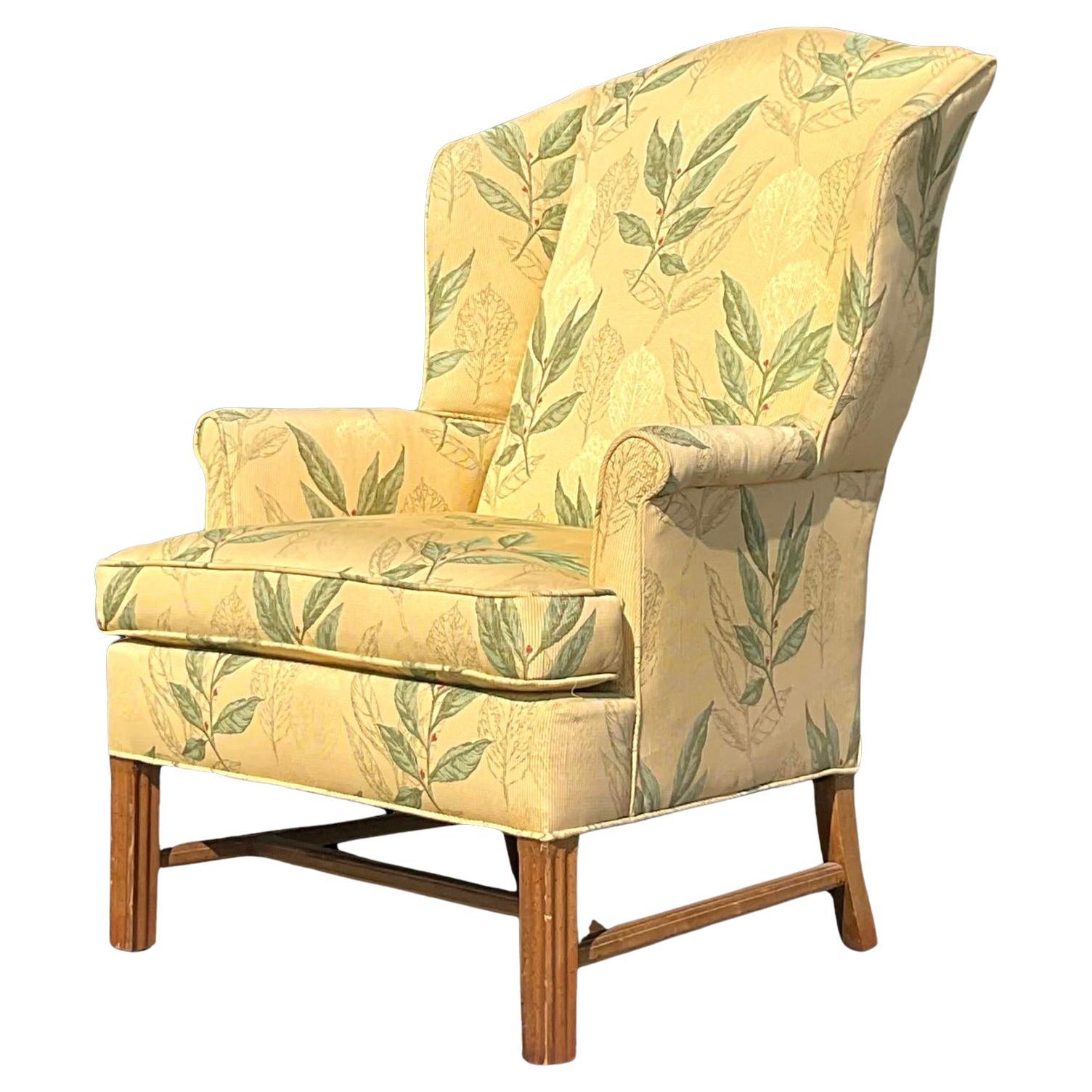 Vintage Boho Leaf Printed Wingback Chair For Sale
