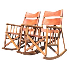 Sillas mecedoras de campaña vintage de cuero boho - Un par