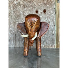 Vintage Boho Leather Elephant Footstool After Omersa