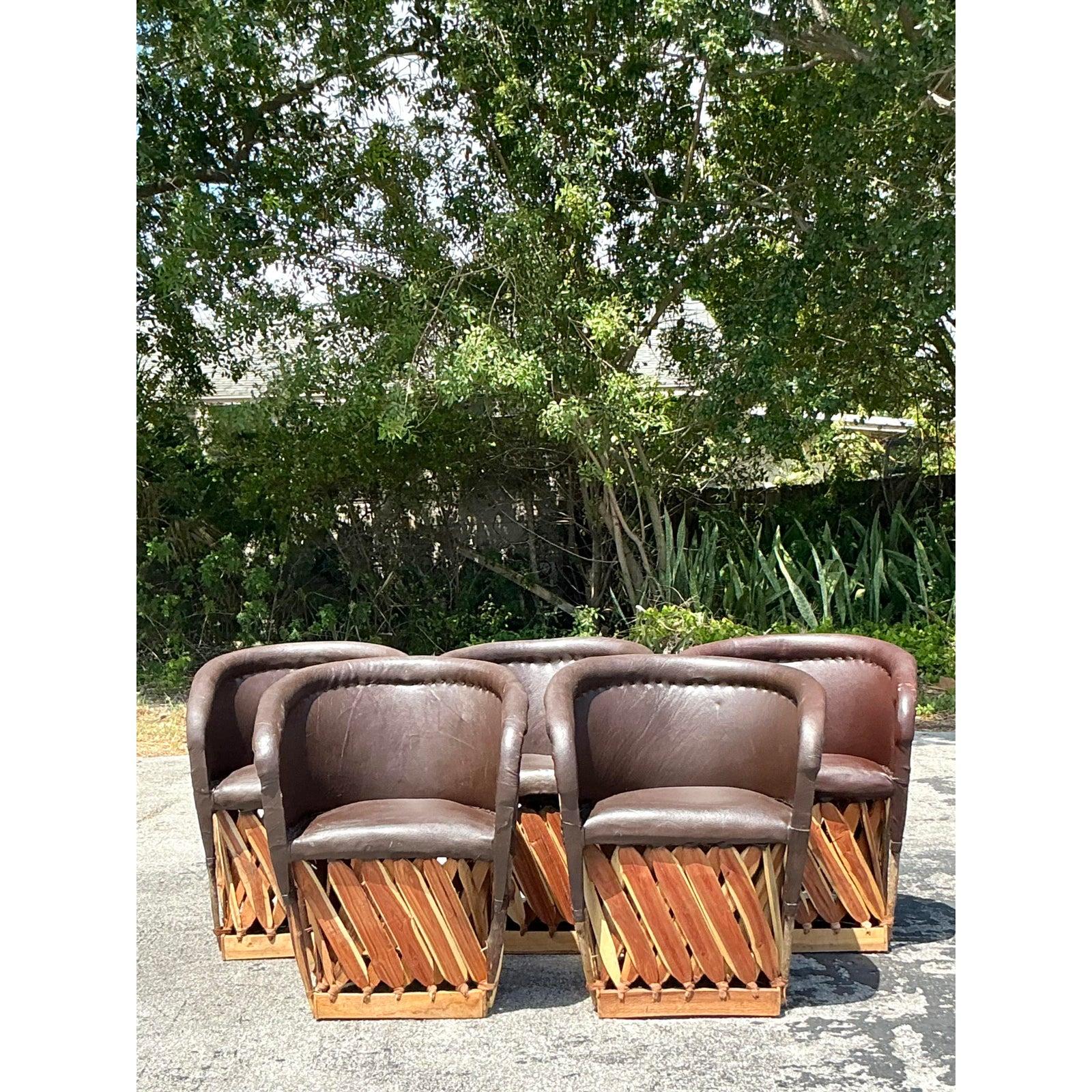 Vintage Boho Leather Equipale Chairs - Set of 5 For Sale 7