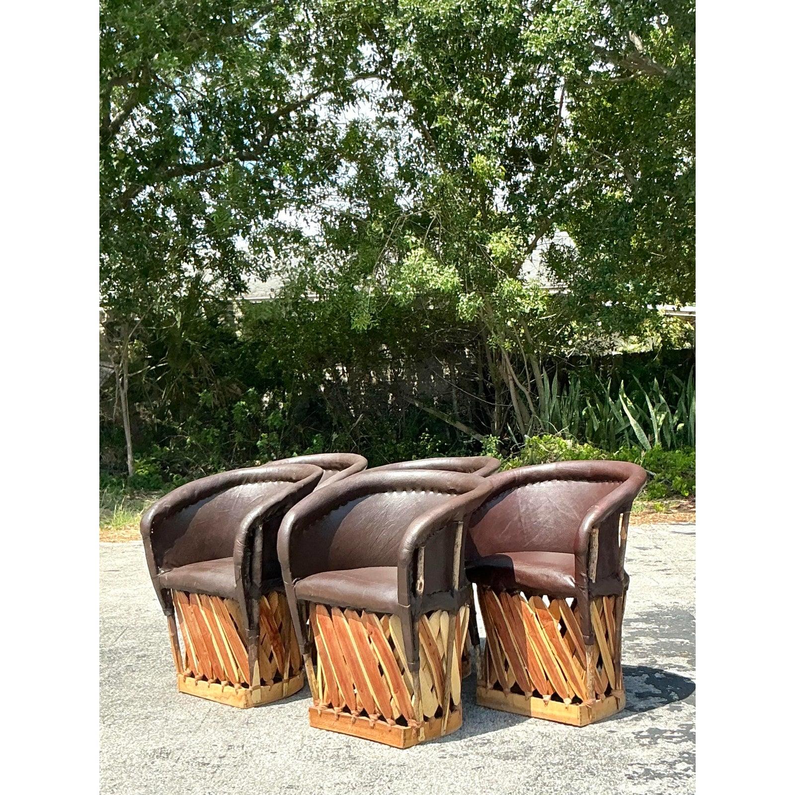 Mexican Vintage Boho Leather Equipale Chairs - Set of 5 For Sale