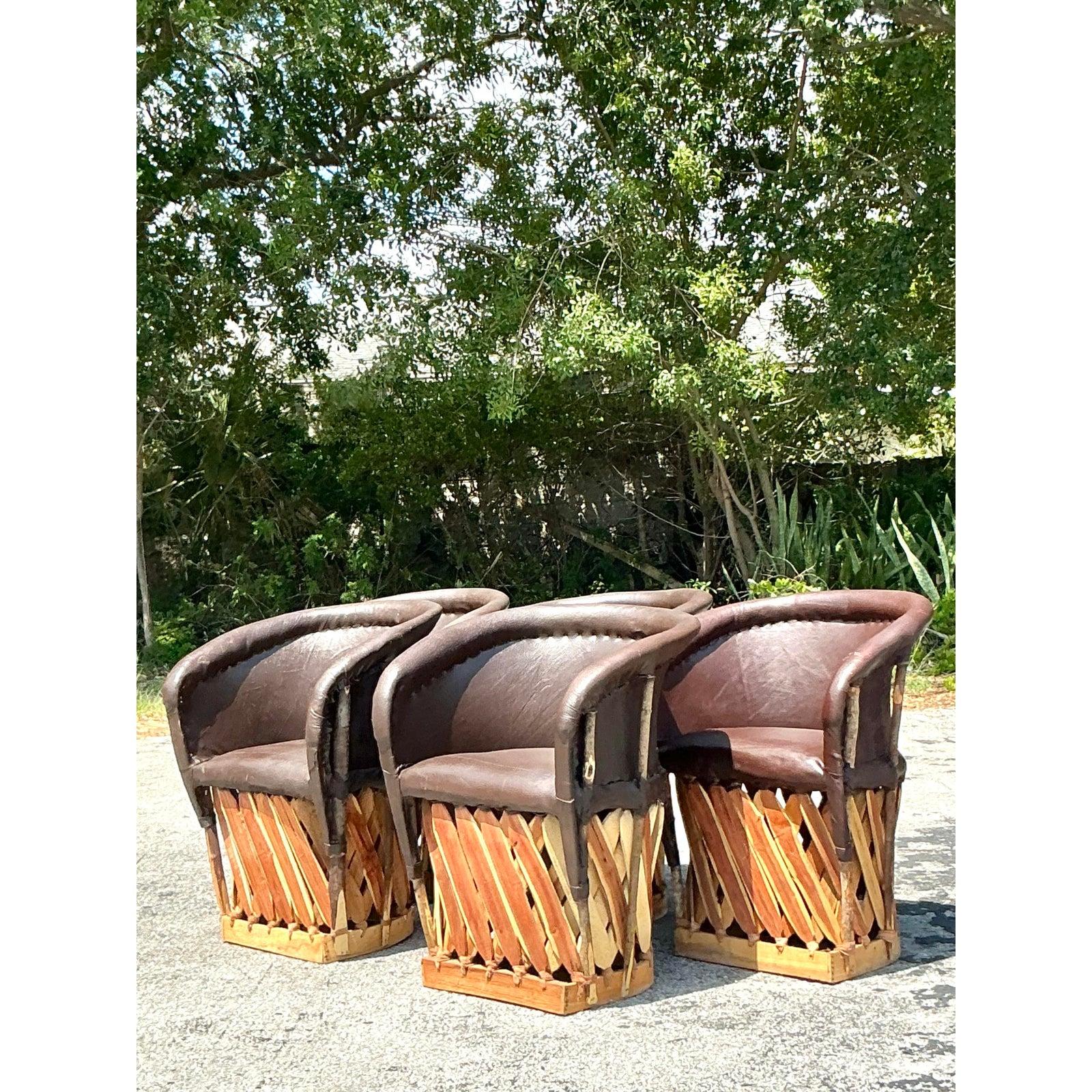 Vintage Boho Leather Equipale Chairs - Set of 5 In Good Condition For Sale In west palm beach, FL