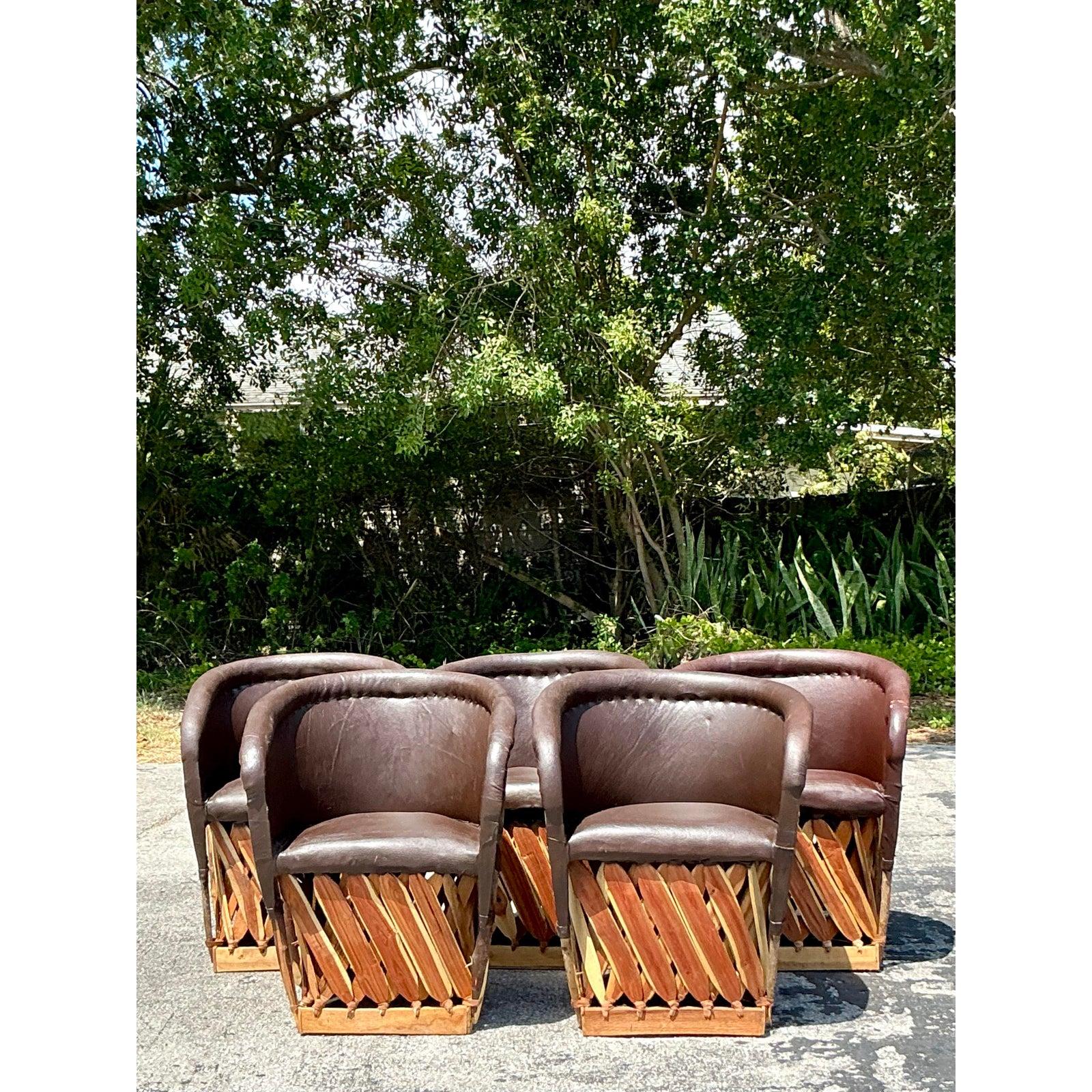 20th Century Vintage Boho Leather Equipale Chairs - Set of 5 For Sale