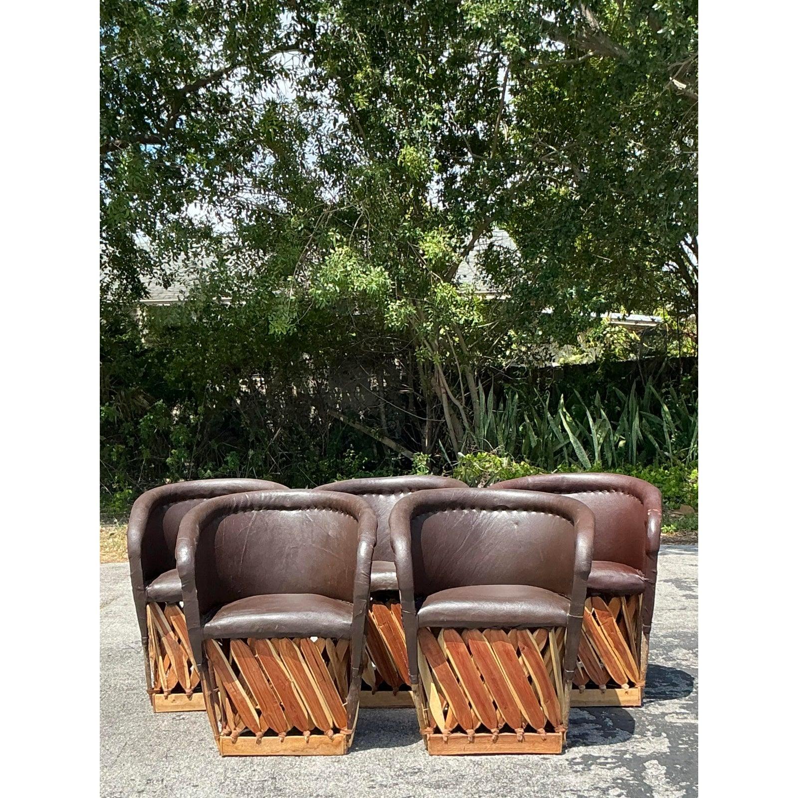 Vintage Boho Leather Equipale Chairs - Set of 5 For Sale 1
