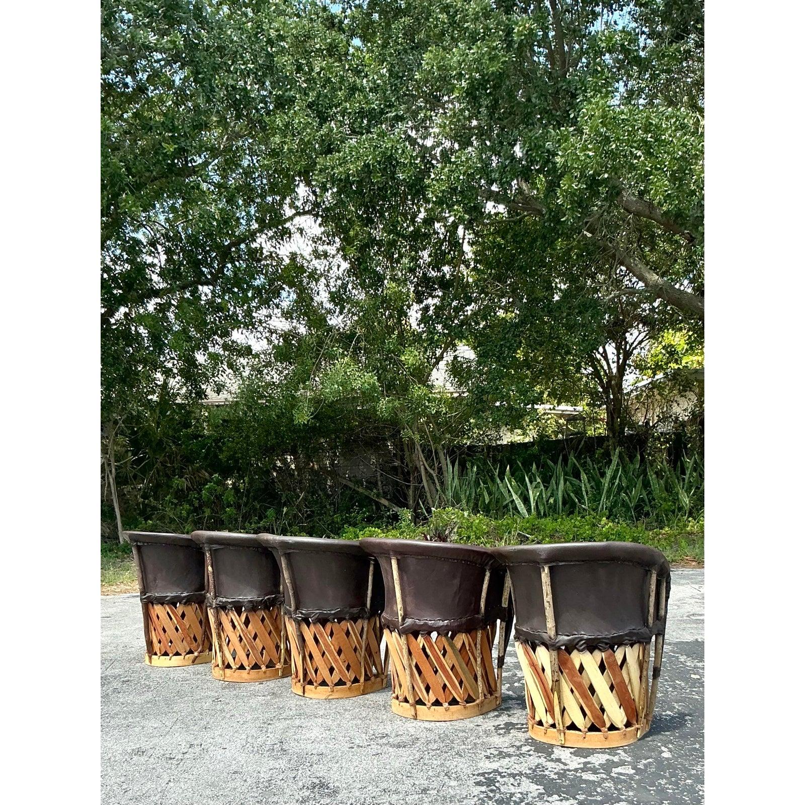 Vintage Boho Leather Equipale Chairs - Set of 5 For Sale 2