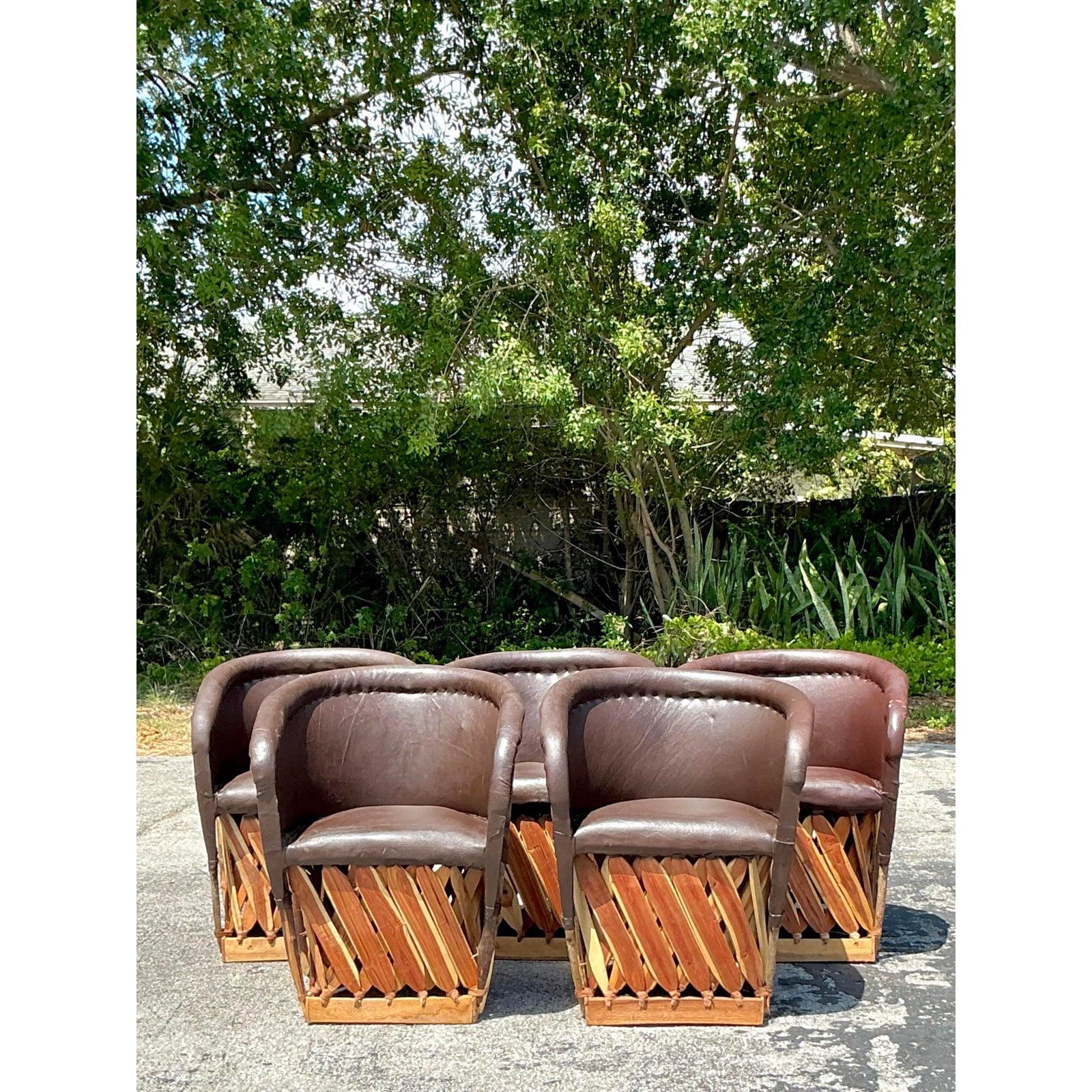 Vintage Boho Leather Equipale Chairs - Set of 5 For Sale 3