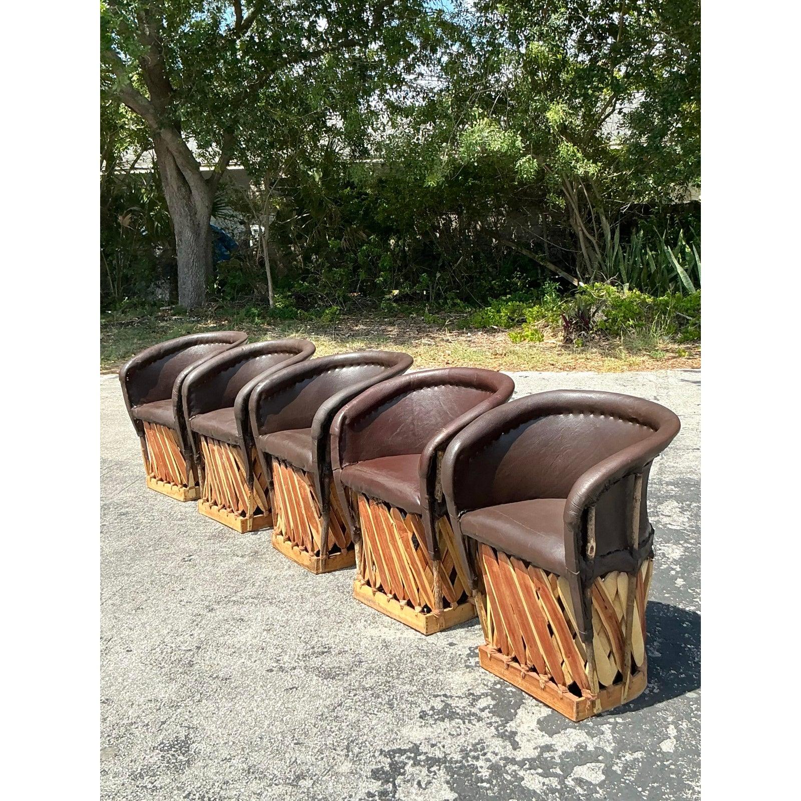 Vintage Boho Leather Equipale Chairs - Set of 5 For Sale 4