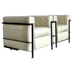 Vintage Boho Leather Lounge Chairs After Corbusier - A Pair