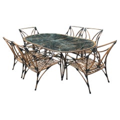Used Boho Leather Wrapped Aluminum Outdoor Dining Table & 6 Chairs