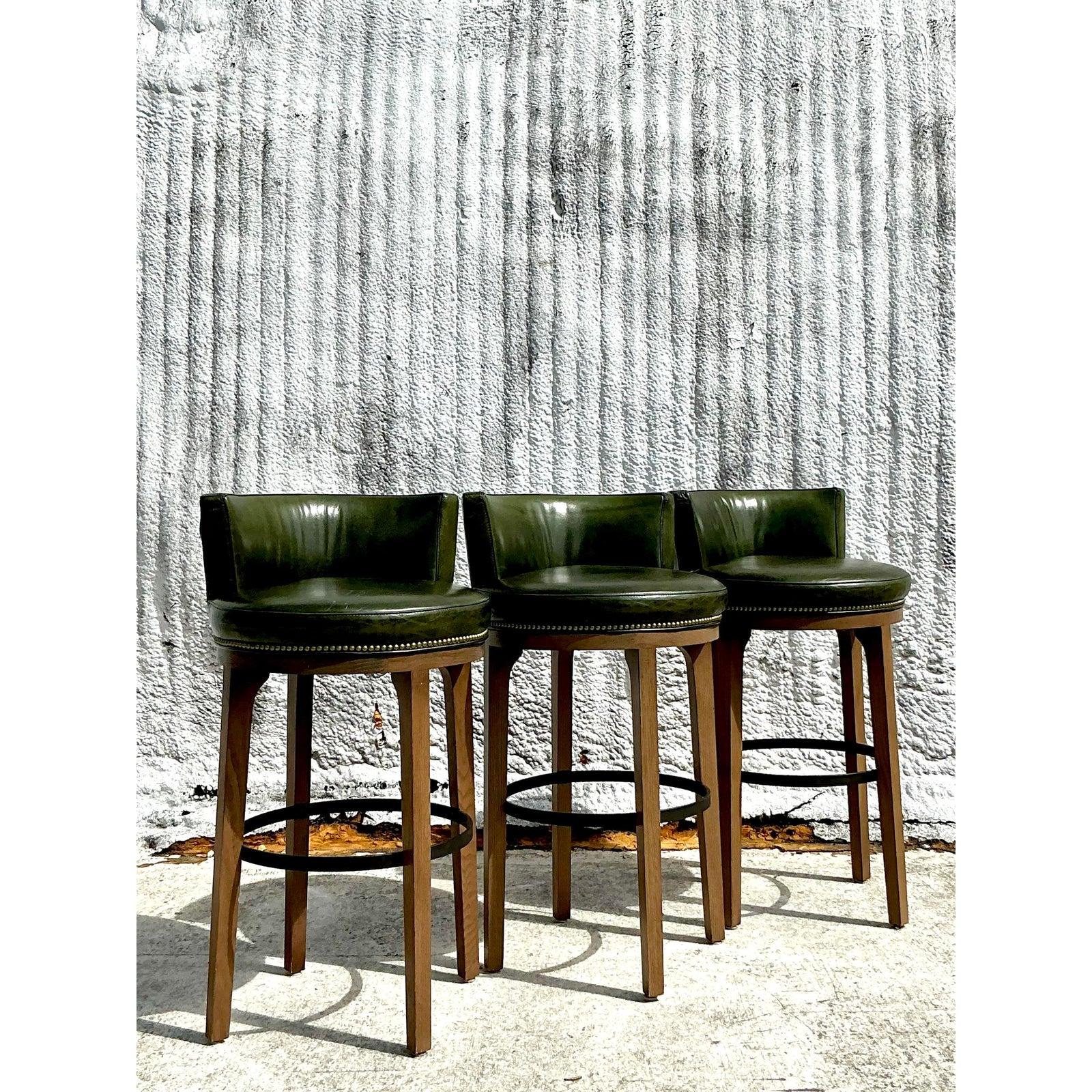 Brass Vintage Boho Lee Industries Swivel Bar Stools - Set of 3 For Sale