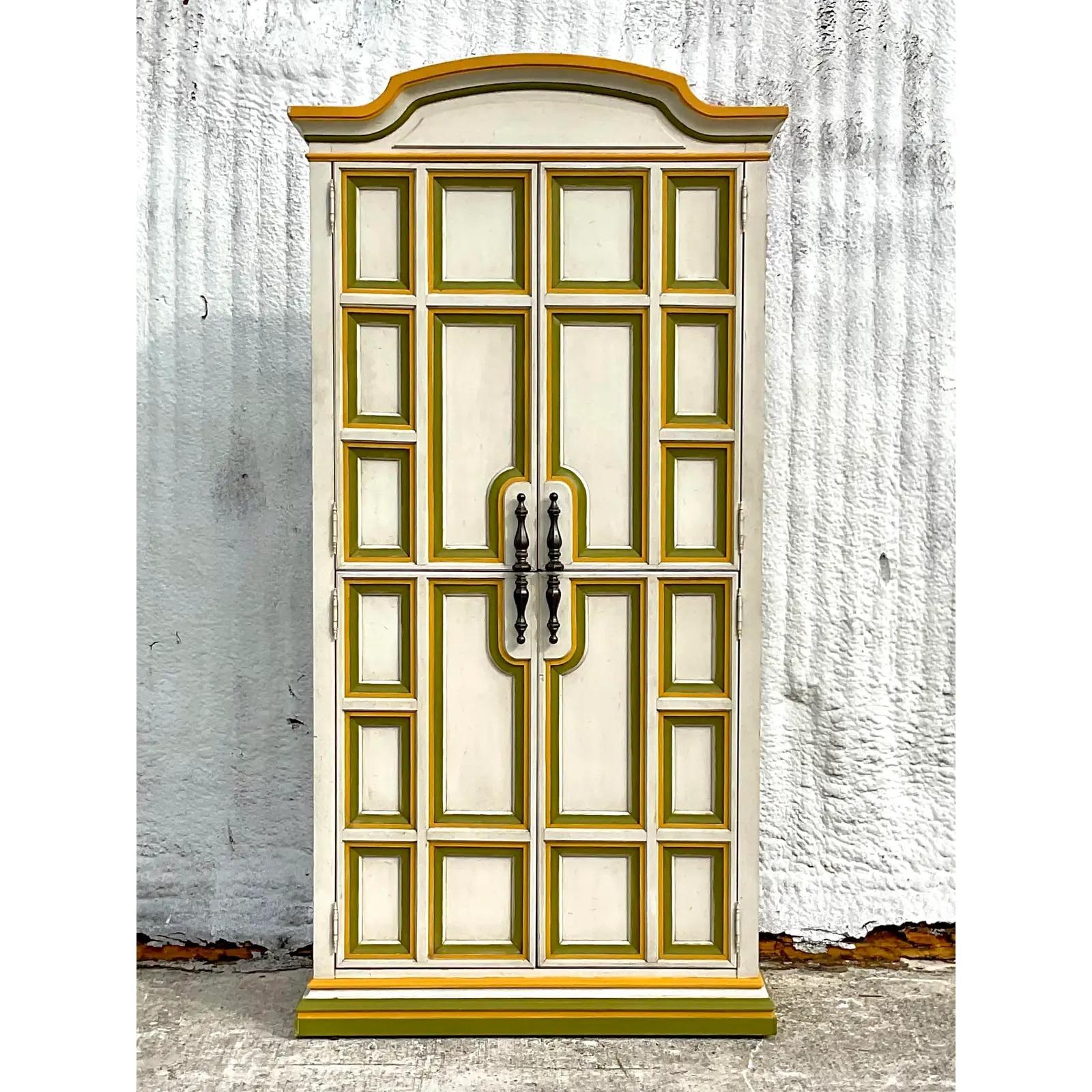 North American Vintage Boho Lemonlime Two Tone Millwork Armoire For Sale