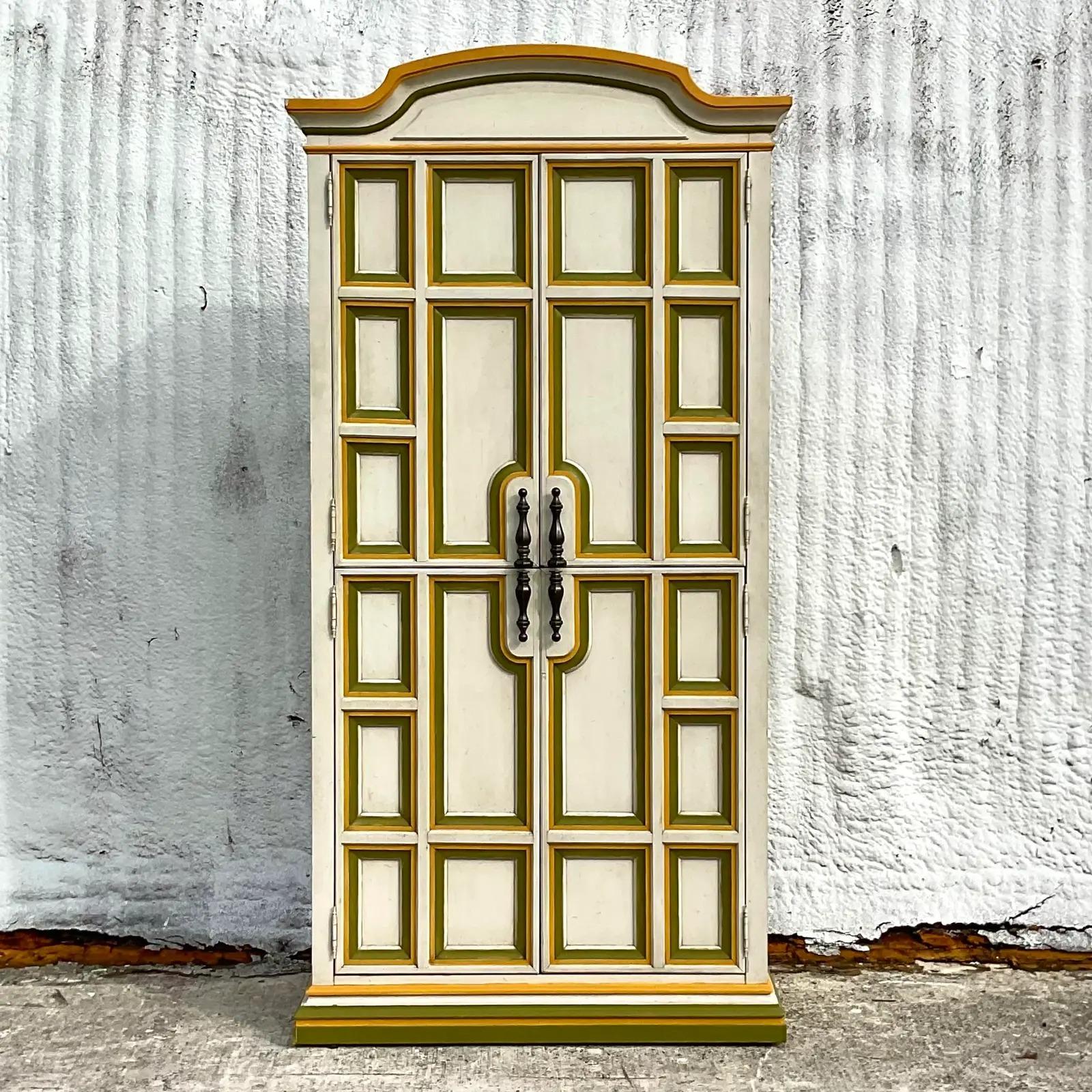 Vintage Boho Lemonlime Two Tone Millwork Armoire In Good Condition For Sale In west palm beach, FL
