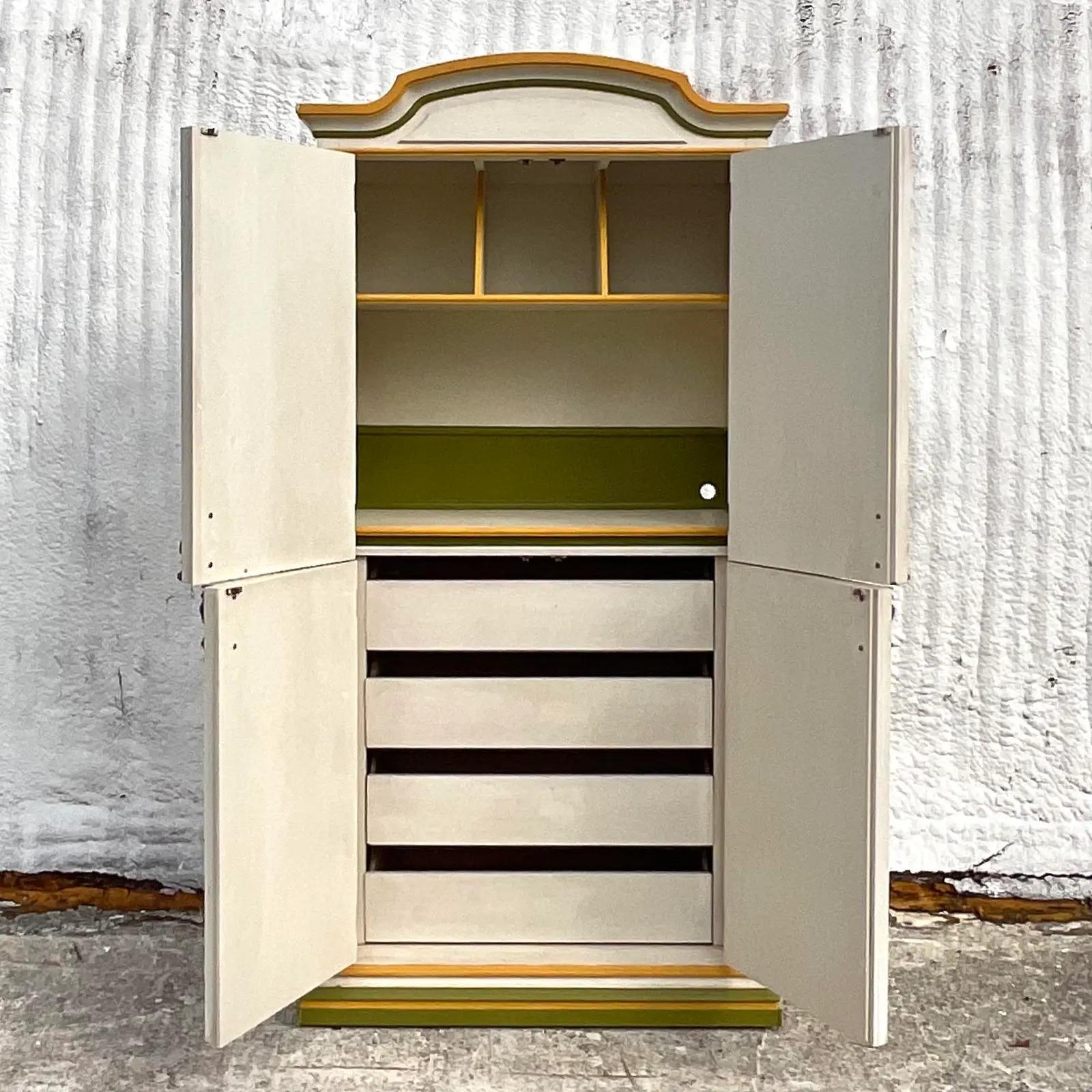 Late 20th Century Vintage Boho Lemonlime Two Tone Millwork Armoire For Sale