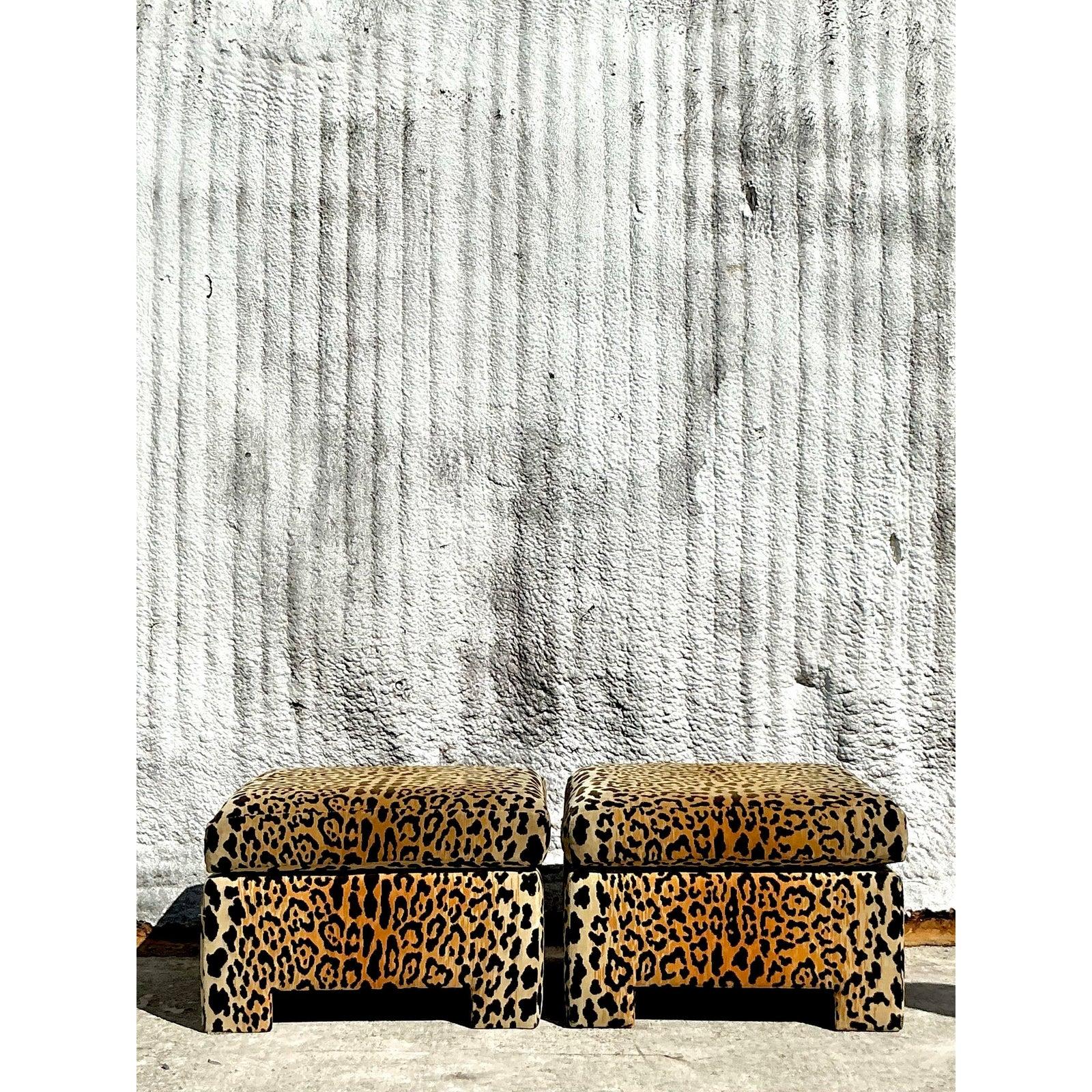 Hollywood Regency Vintage Boho Leopard Velvet Ottomans - a Pair