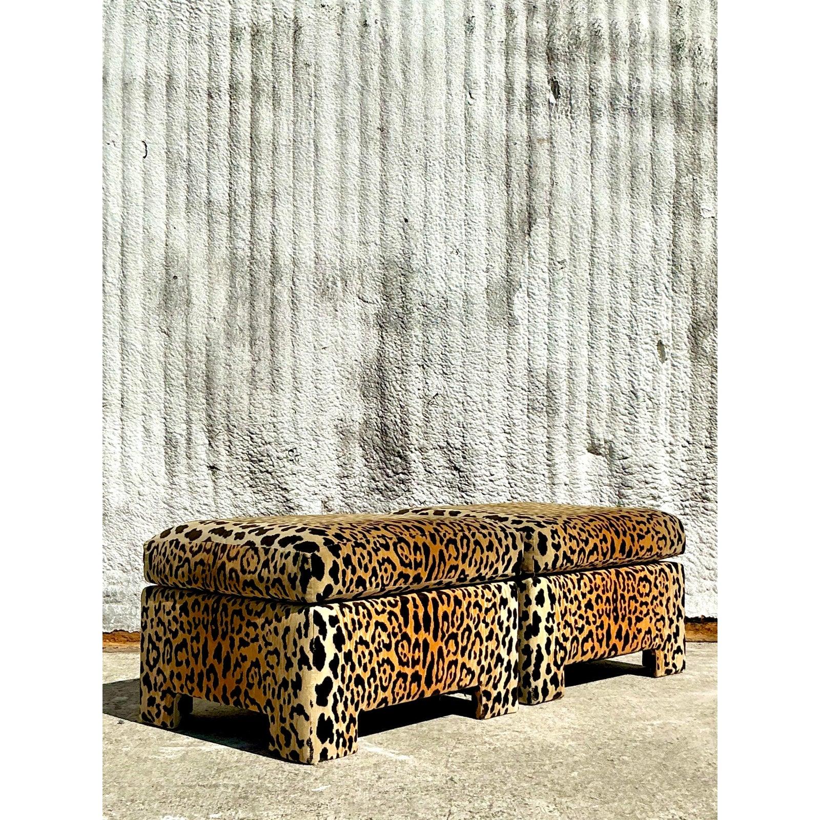 American Vintage Boho Leopard Velvet Ottomans - a Pair
