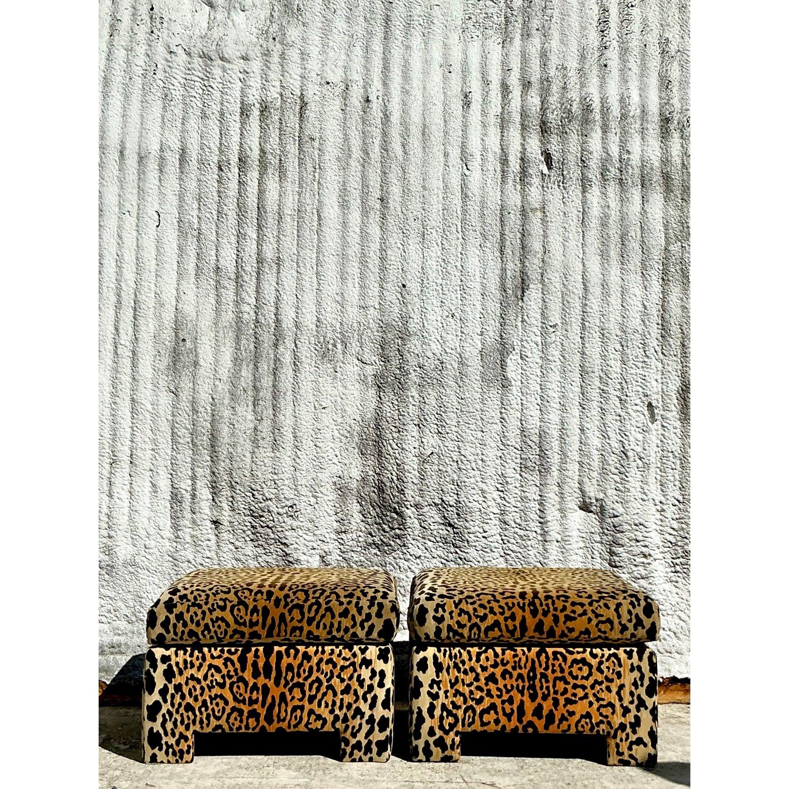 Vintage Boho Leopard Velvet Ottomans - a Pair In Good Condition In West Palm Beach, FL