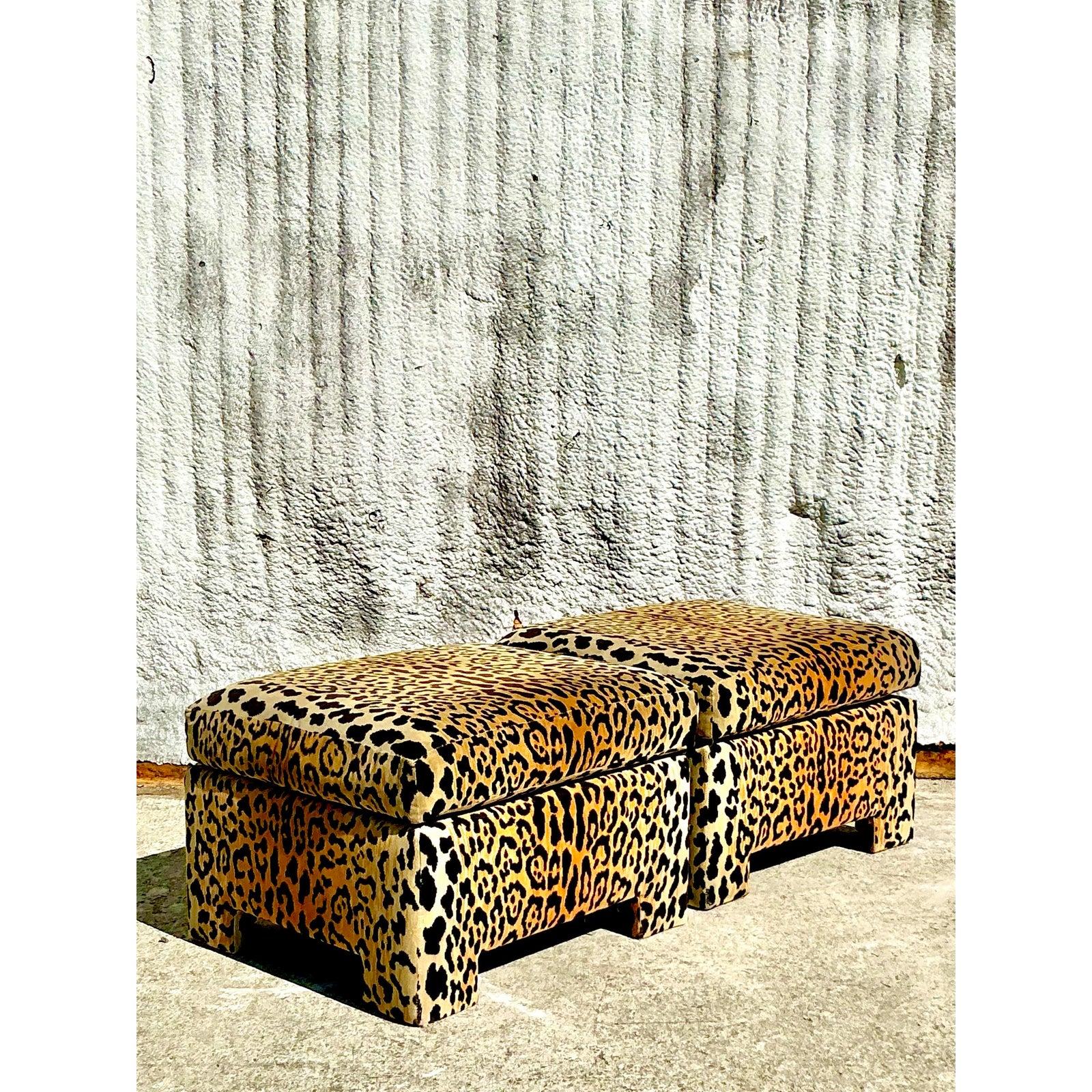 Upholstery Vintage Boho Leopard Velvet Ottomans - a Pair