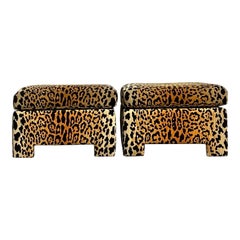 Vintage Boho Leopard Velvet Ottomans - a Pair