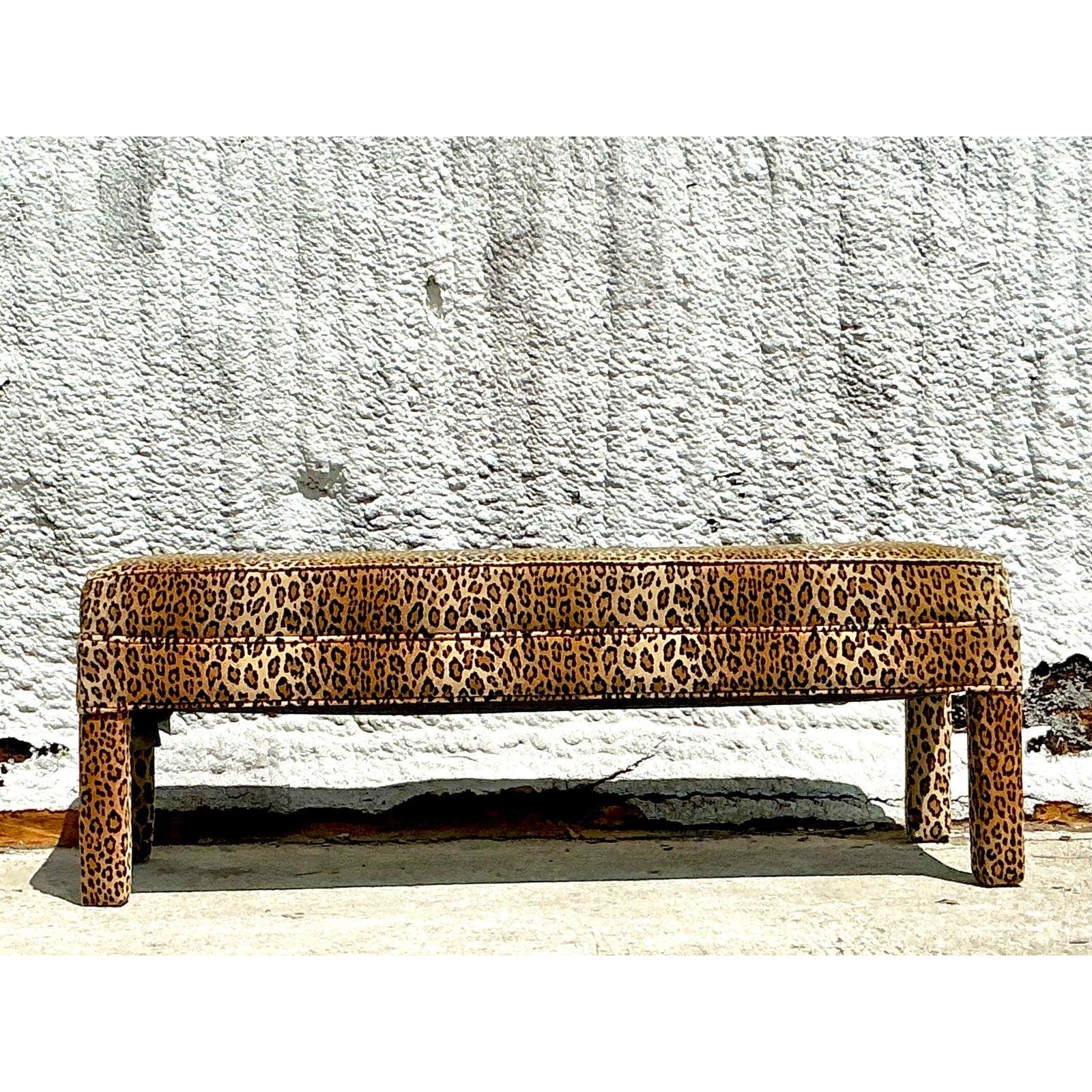 Banc Parsons vintage bohème en velours léopard Bon état - En vente à west palm beach, FL