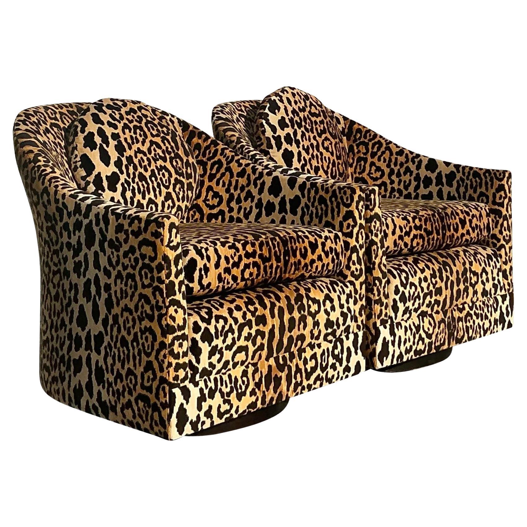 Vintage Boho Leopard Velvet Swivel Chairs - a Pair