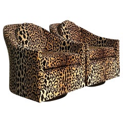 Vintage Boho Leopard Velvet Swivel Chairs - a Pair