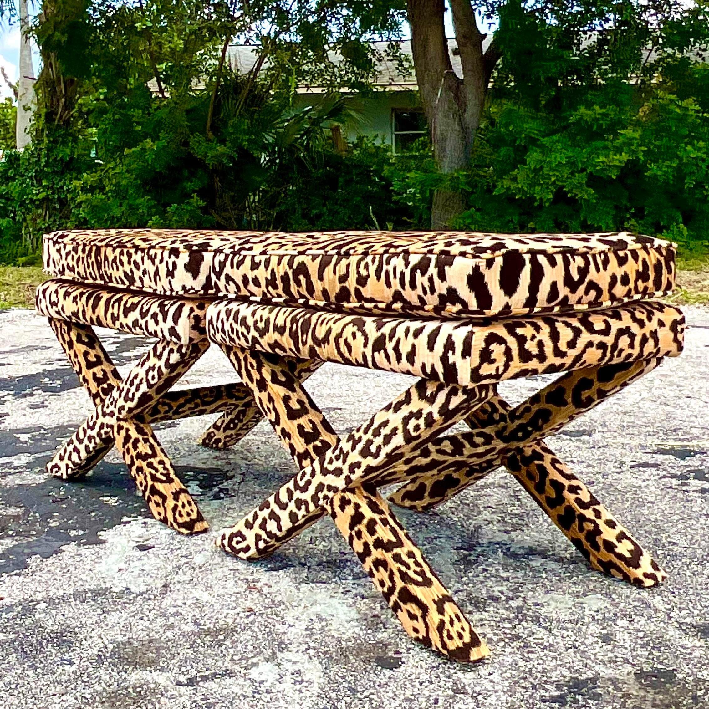 Vintage Boho Leopard Velvet X Benches - a Pair 3