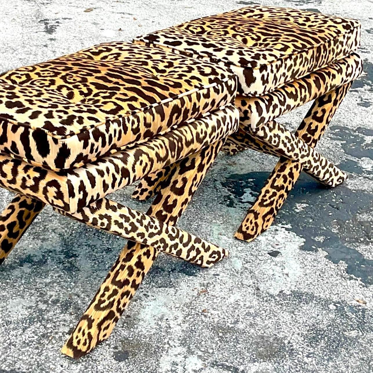 Vintage Boho Leopard Velvet X Benches - a Pair 4