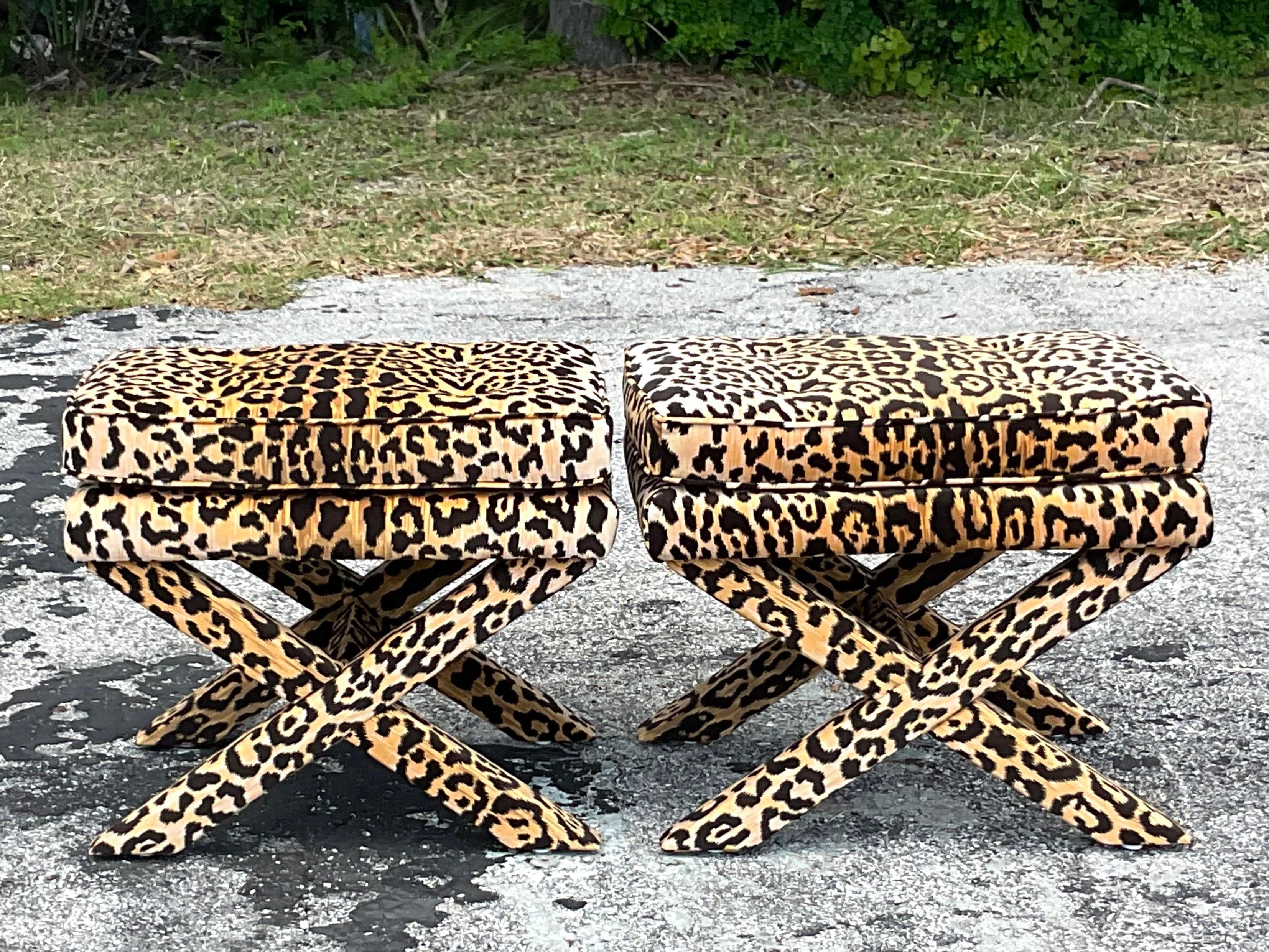 Vintage Boho Leopard Velvet X Benches - a Pair 5