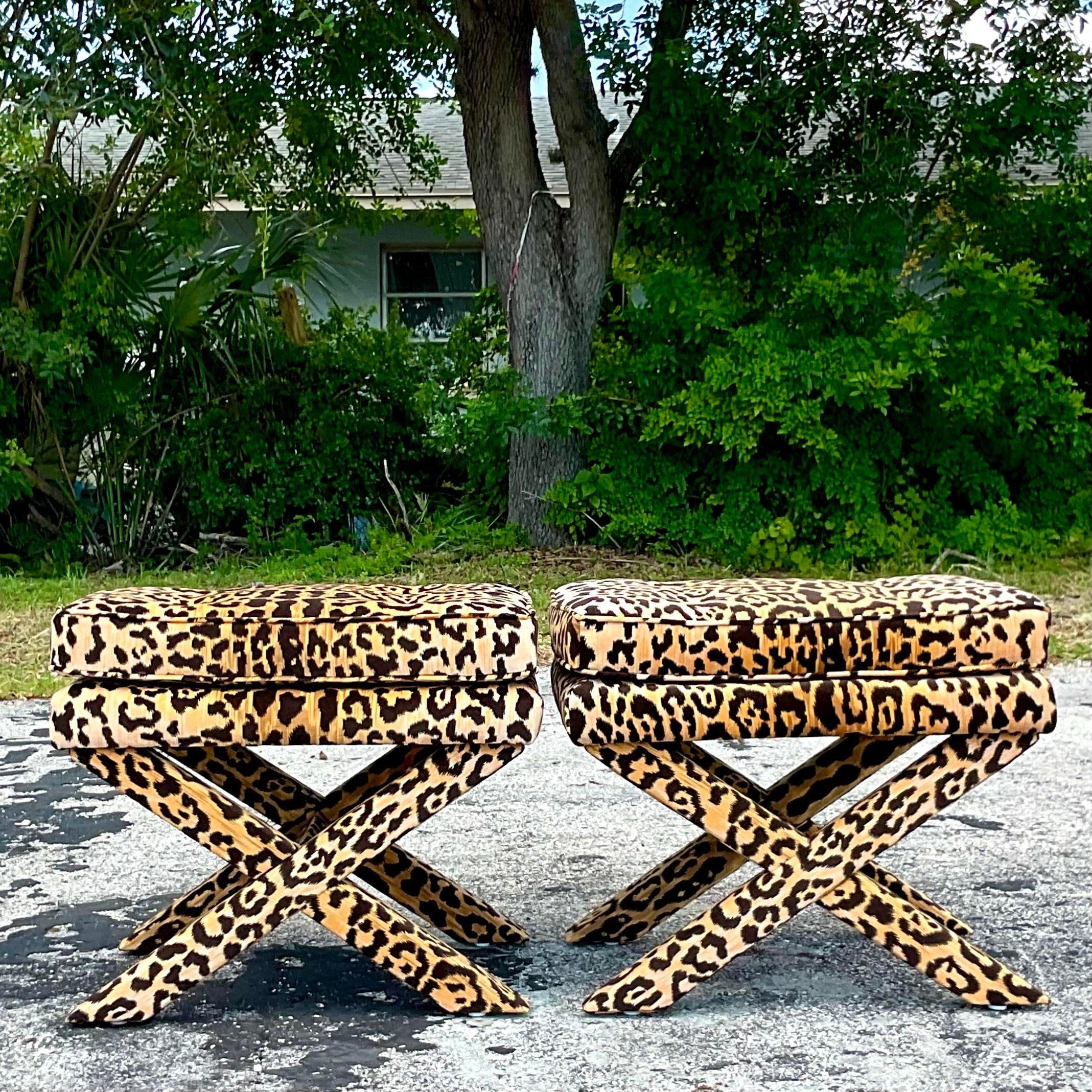 American Vintage Boho Leopard Velvet X Benches - a Pair