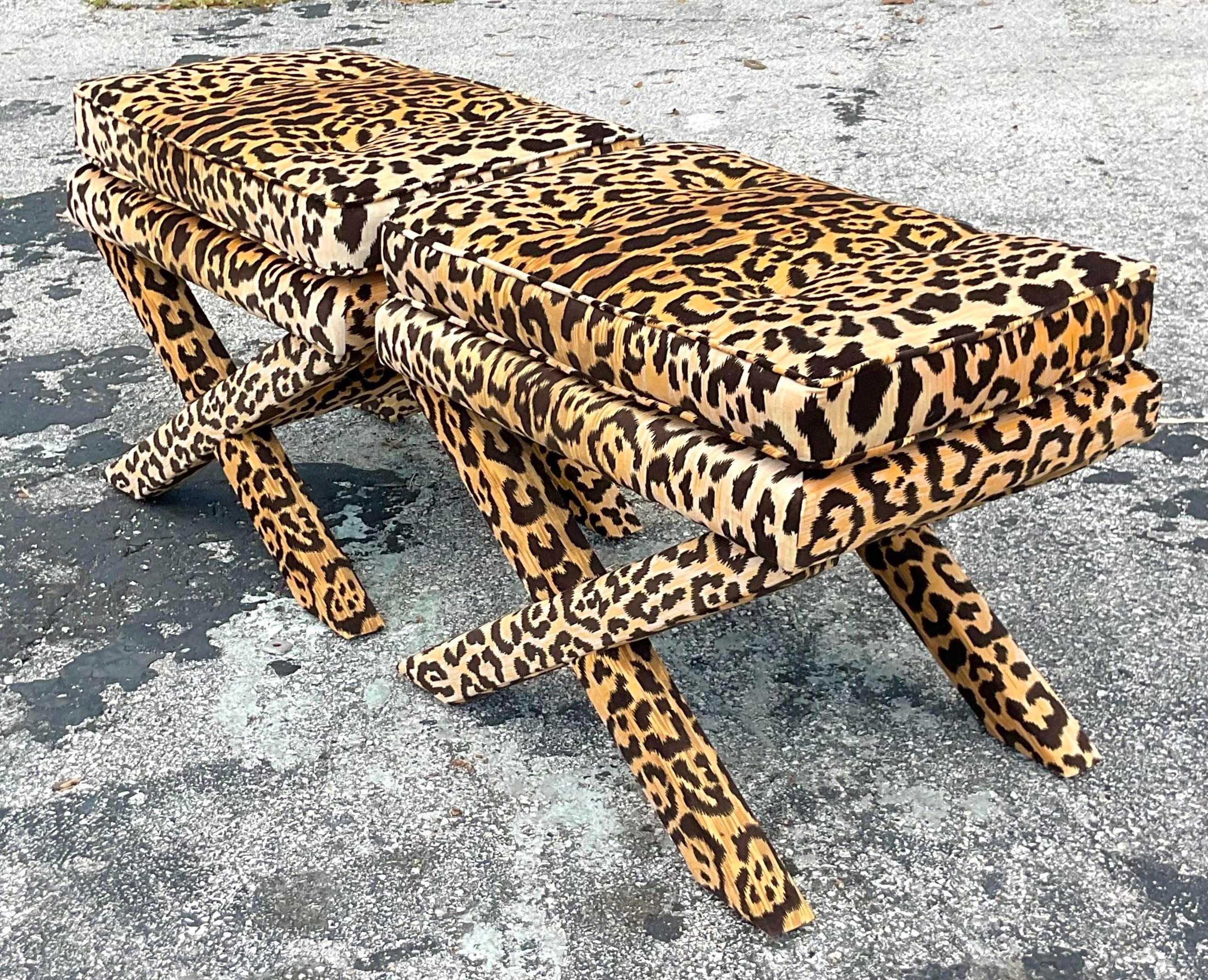 Vintage Boho Leopard Velvet X Benches - a Pair In Good Condition In West Palm Beach, FL