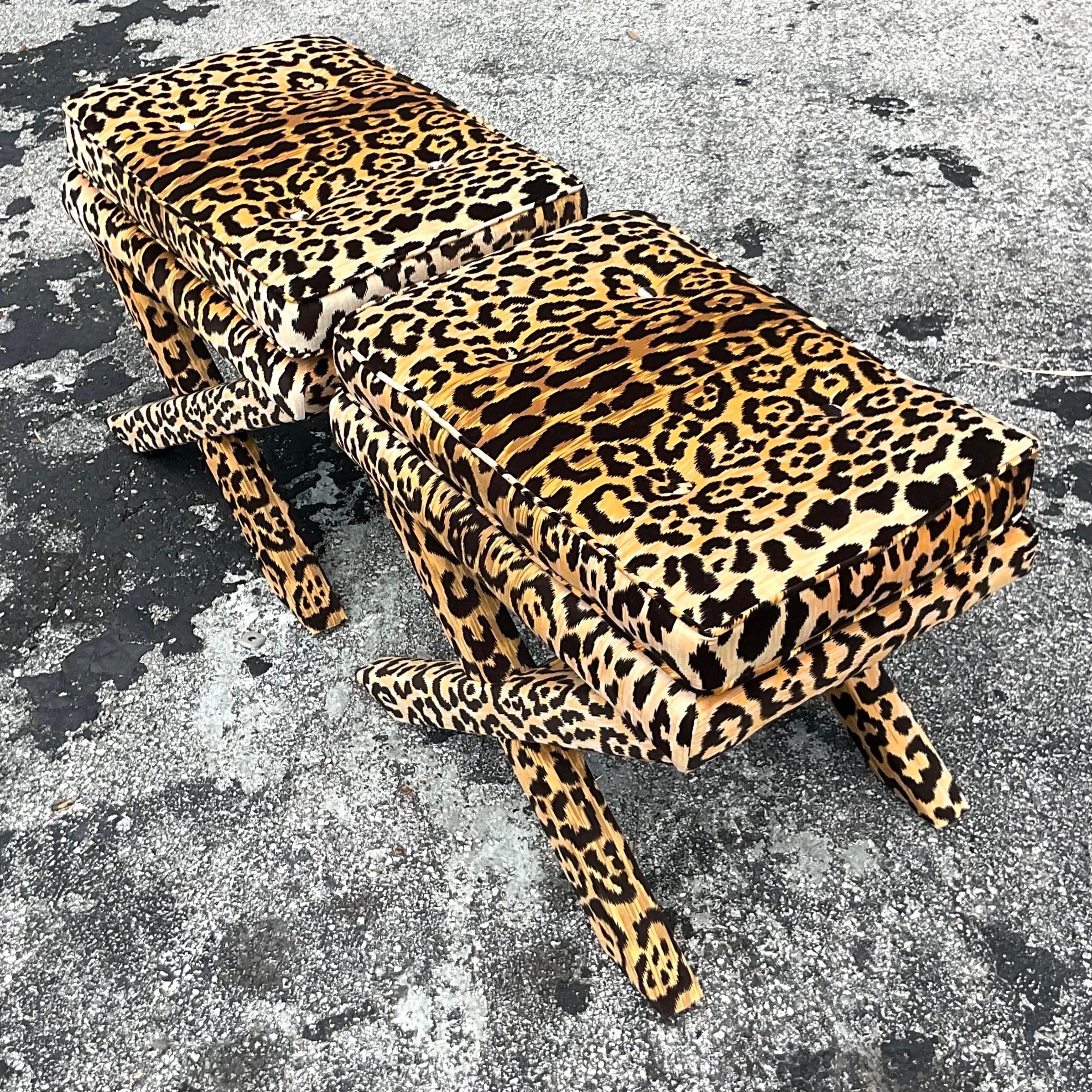 20th Century Vintage Boho Leopard Velvet X Benches - a Pair