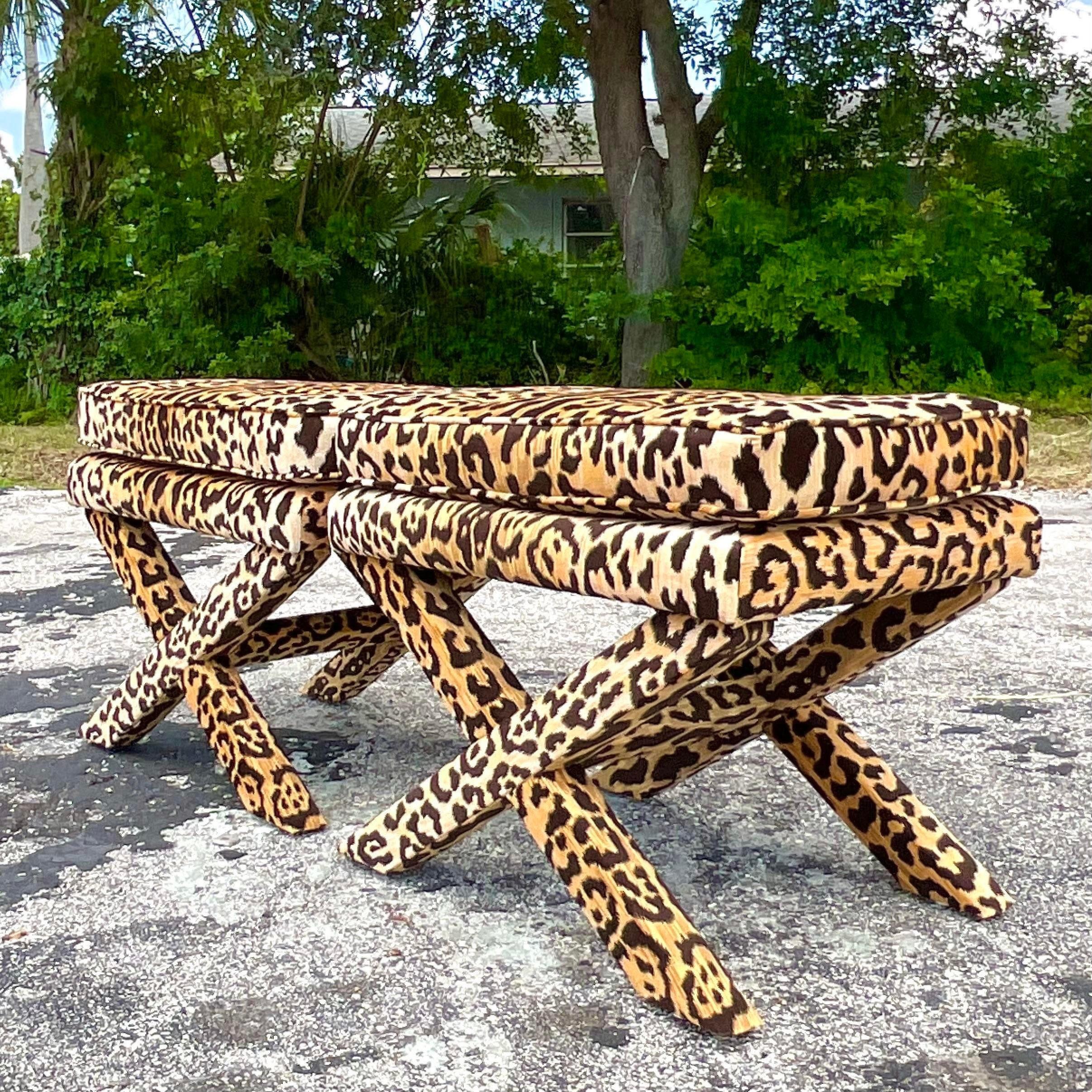 Vintage Boho Leopard Velvet X Benches - a Pair 1