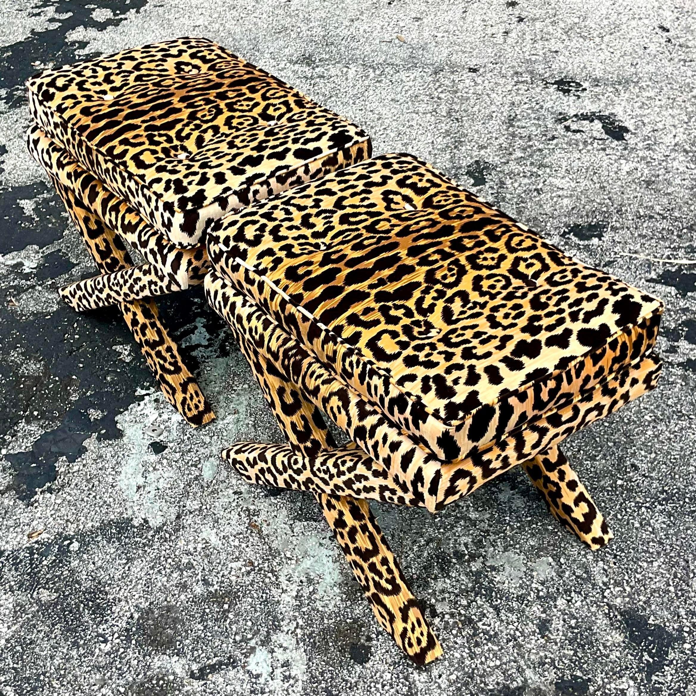 Vintage Boho Leopard Velvet X Benches - a Pair 2