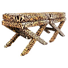 Vintage Boho Leopard Velvet X Benches - a Pair